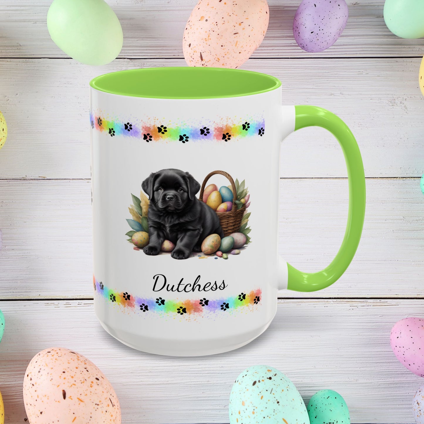 Newfoundland Black Easter puppy coffee mug, personalized cute dog gift for mental health awareness and cozy sipping