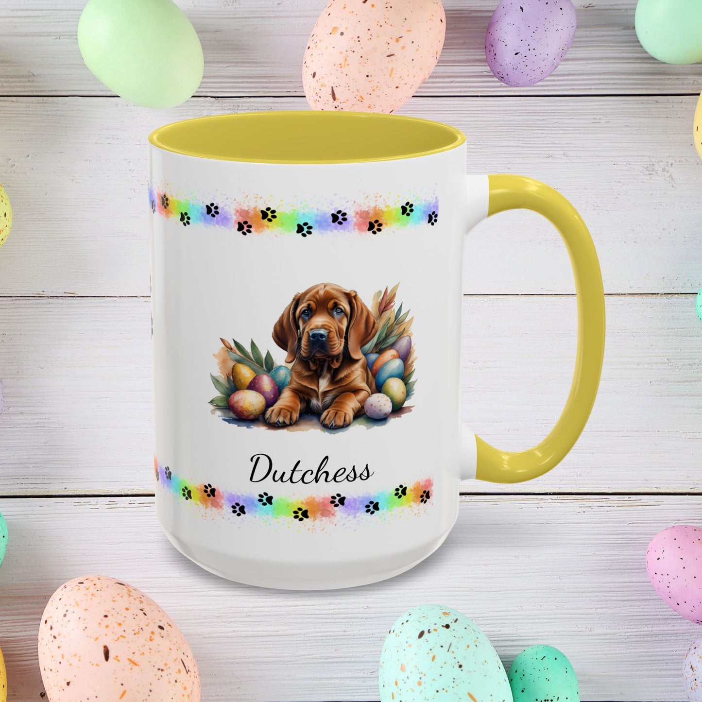Bloodhound personalized Easter puppy mug, cute dog coffee cup gift for mental health awareness and dog lovers