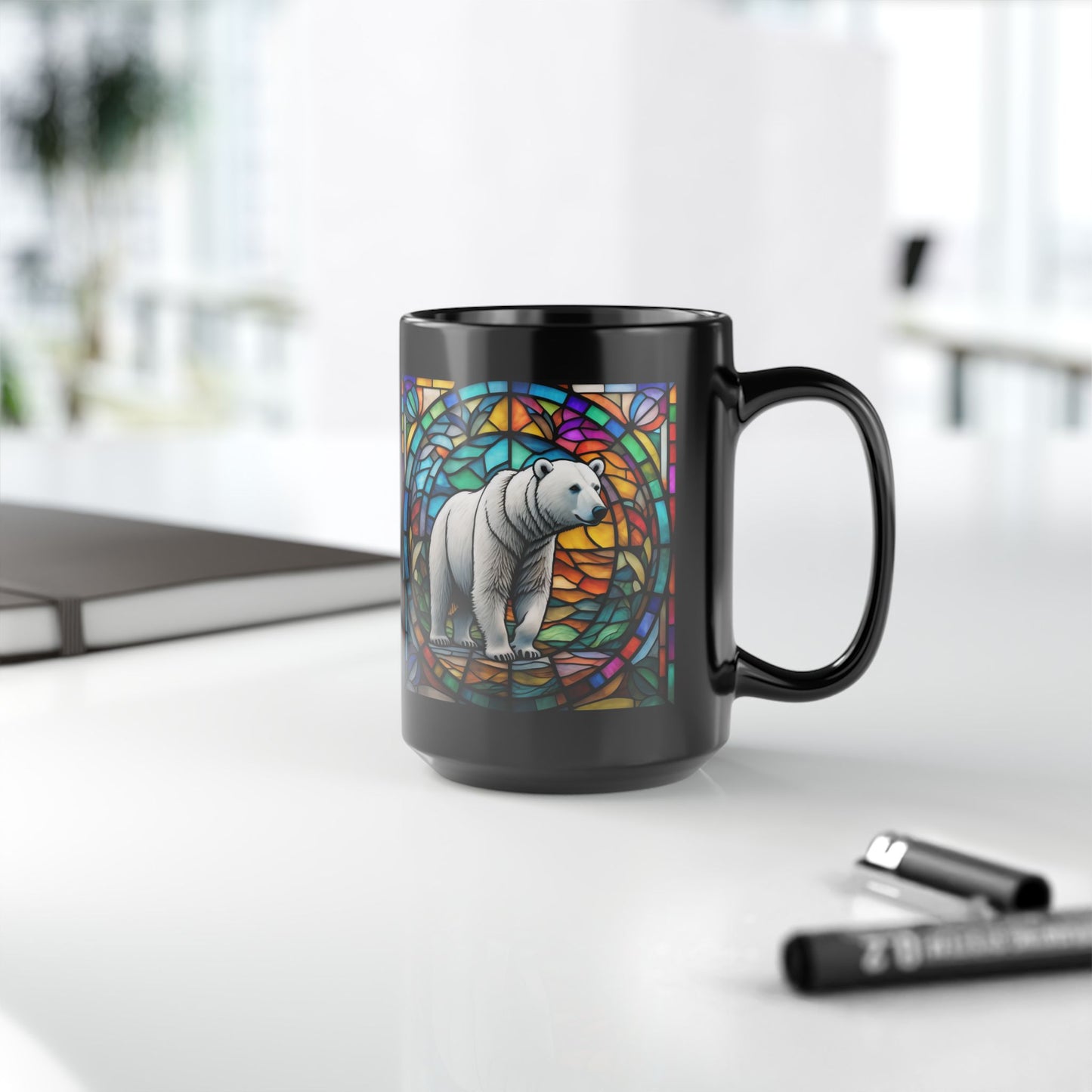 Polar Bear Personalized Mug, Stained Glass Zoo Animal Design, Unique Ceramic Gift for Wildlife Lovers, Coffee, Tea, & Hot Chocolate Cup