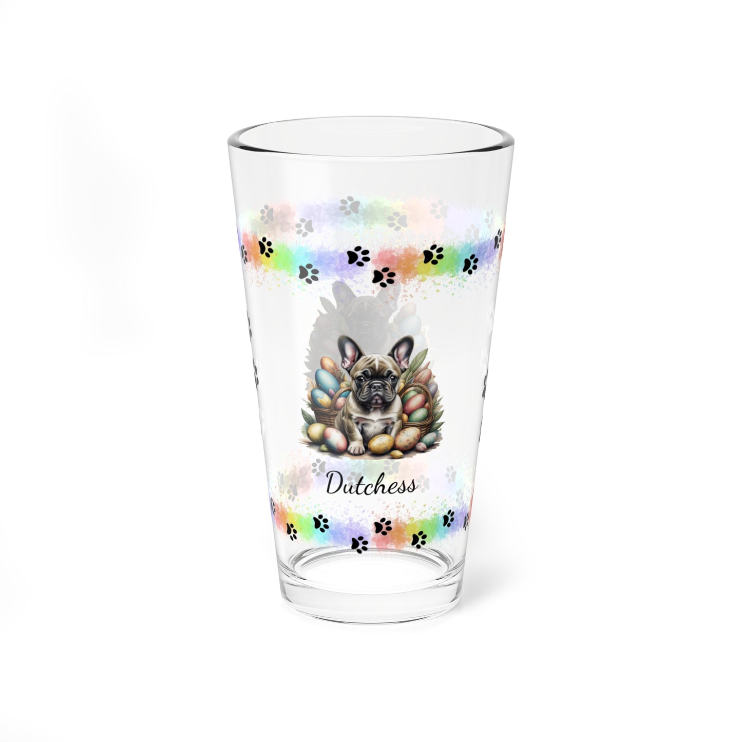 French Bulldog (Brindle) Personalized Easter Puppy 16oz Pint Glass - Custom Dog Design, Mental Health Gift, Easter Décor, and Festive Celebrations