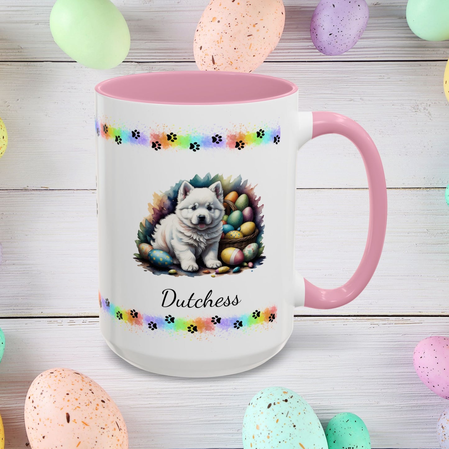 Samoyed Easter puppy coffee mug personalized dog design, cozy mental health gift for spring and daily mindfulness.