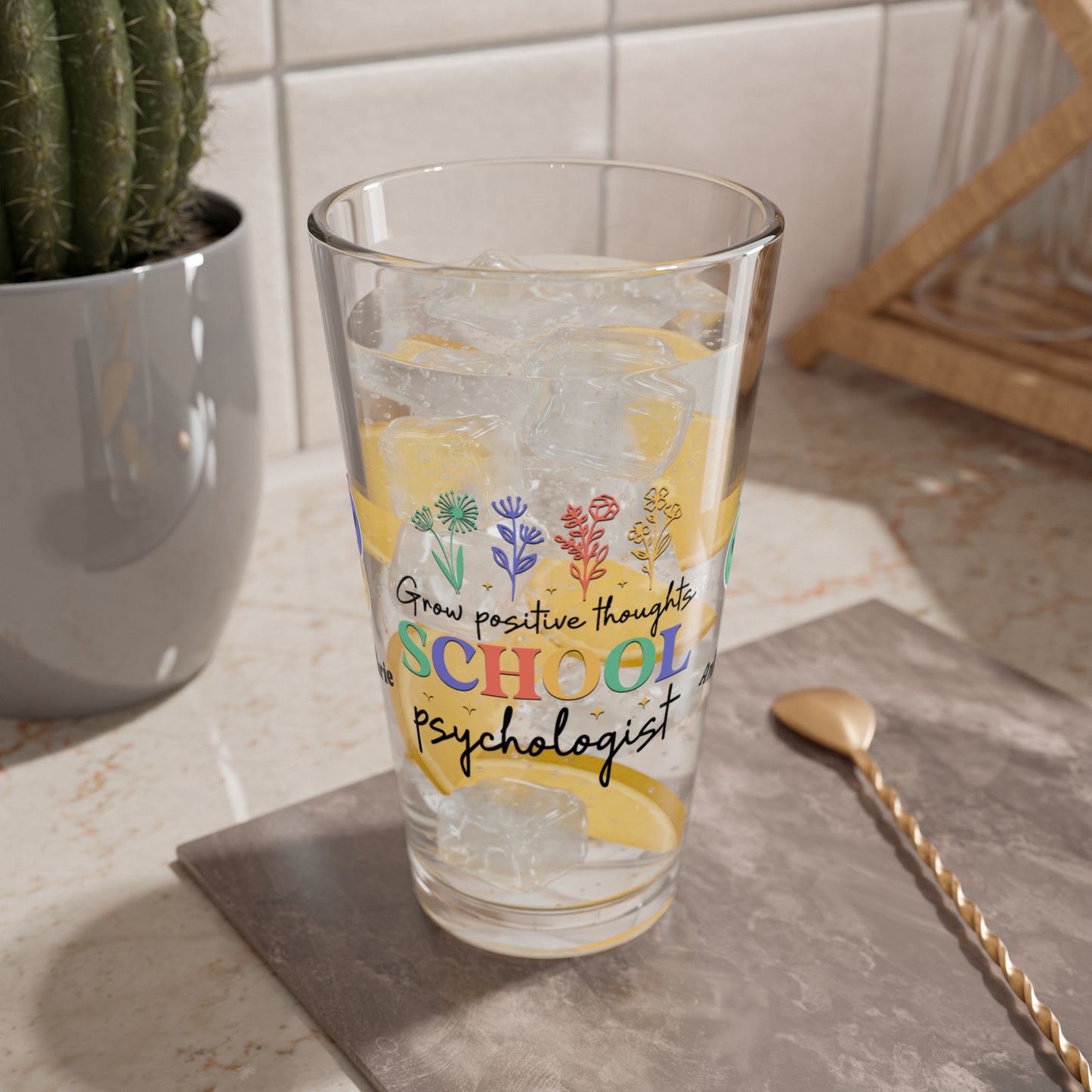 Grow Positive Thoughts pint glass for school psychologists with retro design