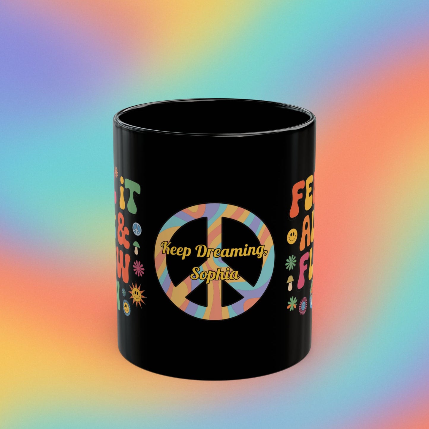 Feel It All & Flow On personalized mug, retro 70s mental wellness coffee cup gift - MySisterIsASurvivor