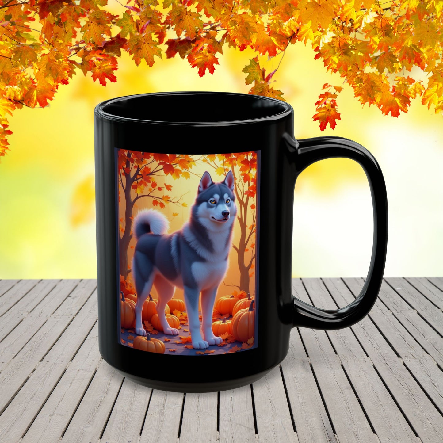Dark Grey Siberian Husky (Amber Eyes) autumn coffee mug, personalized gift for Husky lovers this fall
