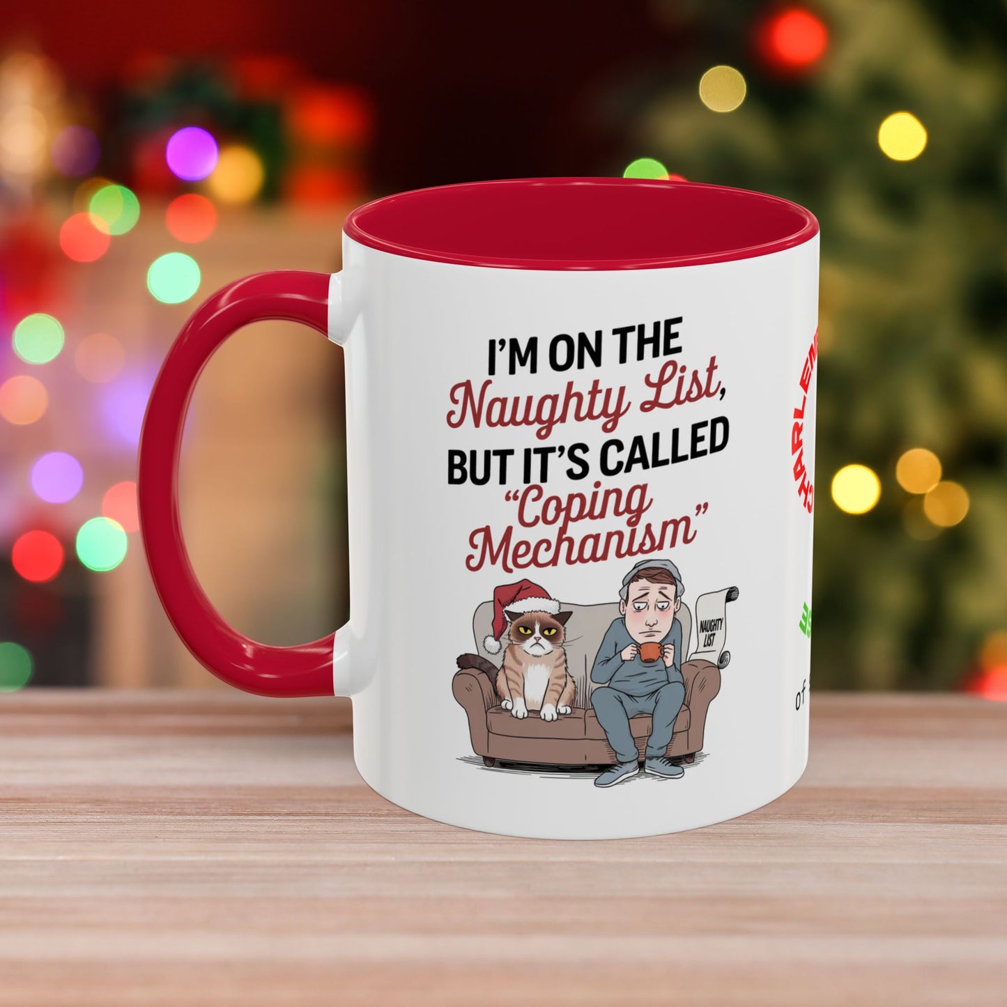 I'm On The Naughty List, But It's Called 'Coping Mechanism' - Christmas Mug with Male and Cat Design and Accent Color