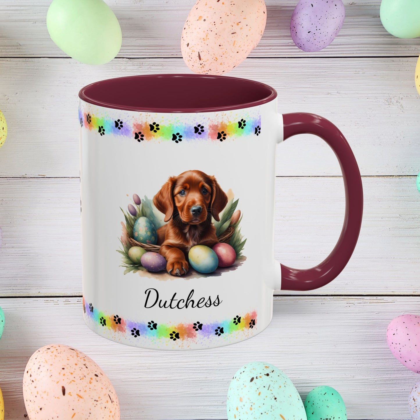 Irish Setter Easter puppy coffee mug, personalized cute dog gift for mental health support and cozy mornings