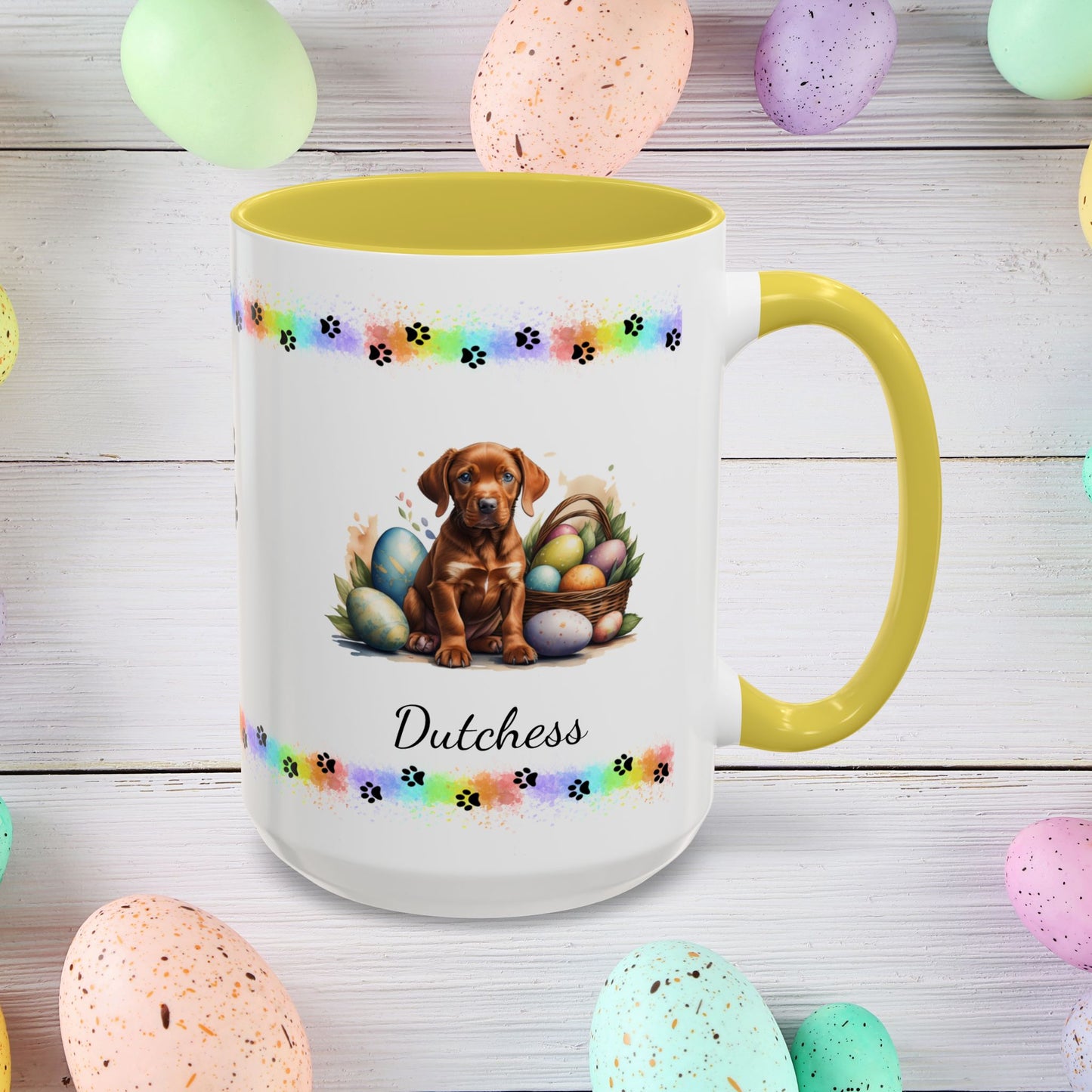 Vizsla Easter puppy coffee mug personalized adorable dog lover gift, great for mindful self-care and Easter gifting.