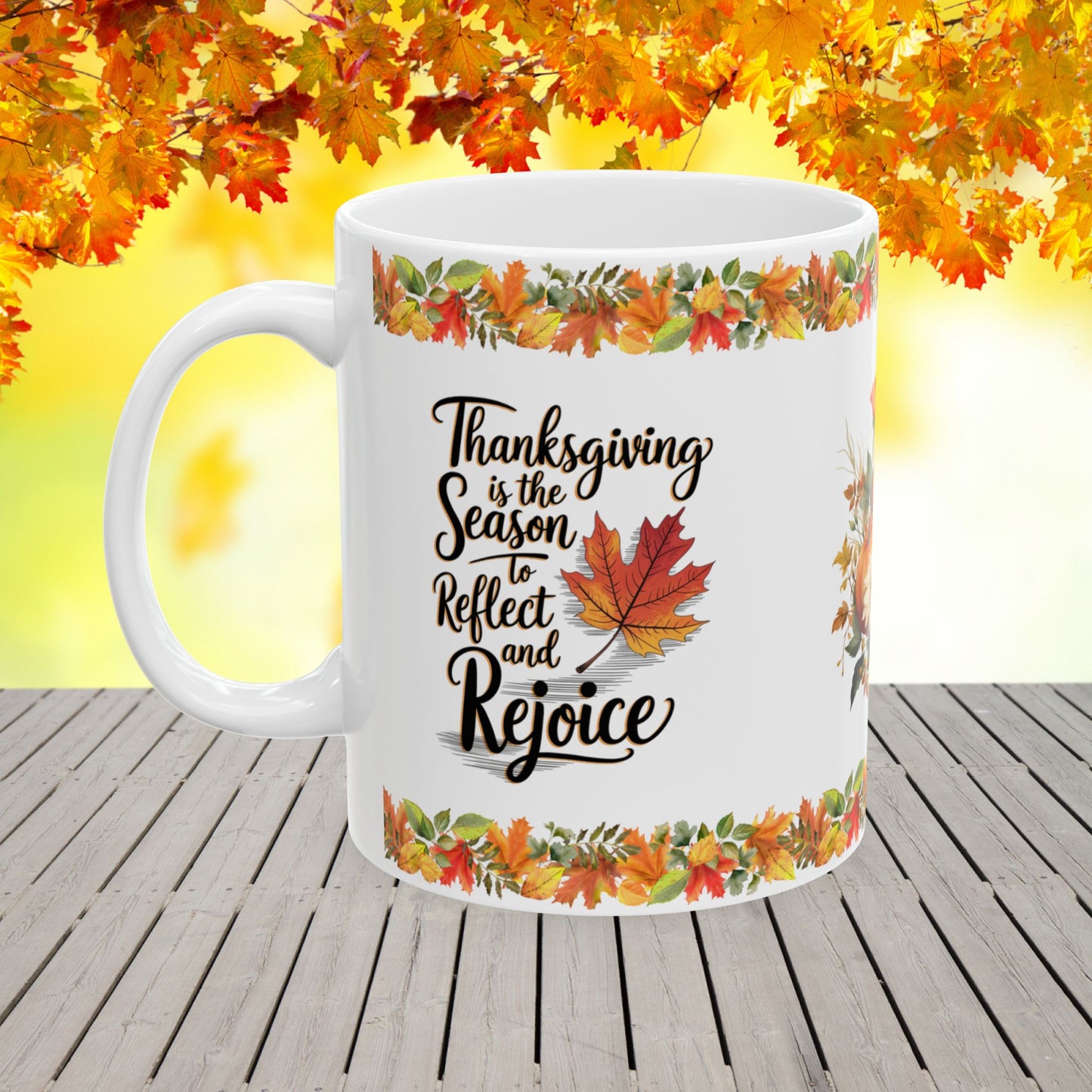Thanksgiving Ceramic Mug with Reflect and Rejoice Message for a Grateful Holiday Season