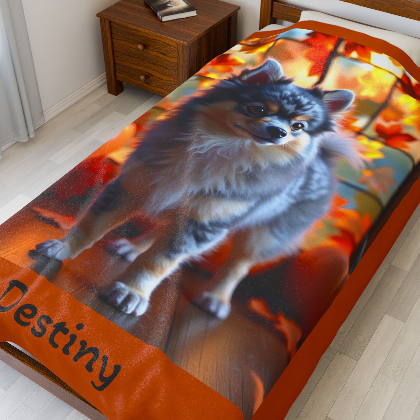 Blue Merle and Tan Pomeranian velveteen plush blanket, cozy dog throw blanket for pet owners and home decor