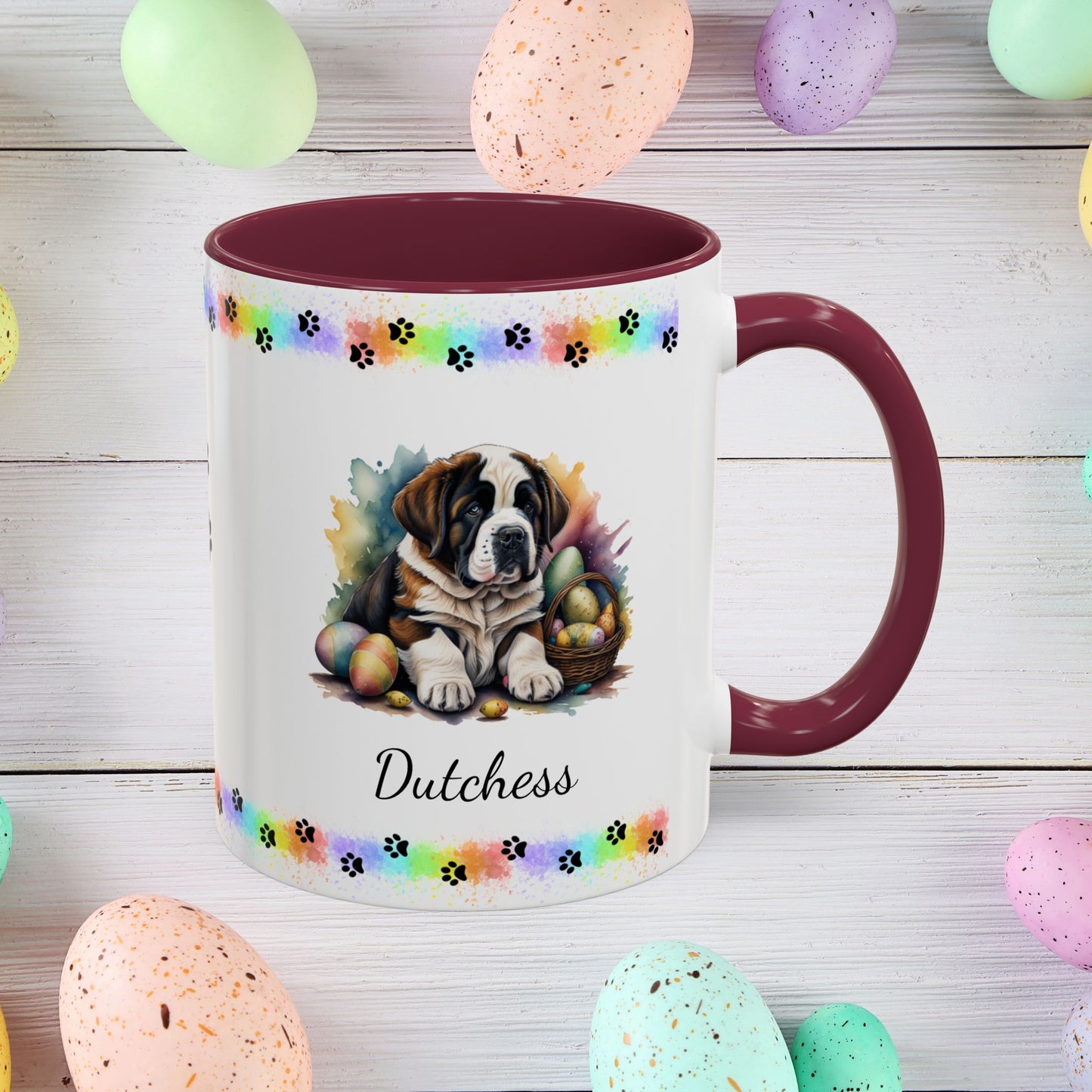 Saint Bernard: Personalized Easter Puppy Coffee Mug - Adorable Dog Design, Mental Health Gift, 11oz & 15oz, 12 Color Choices, Easter Gifts & Décor