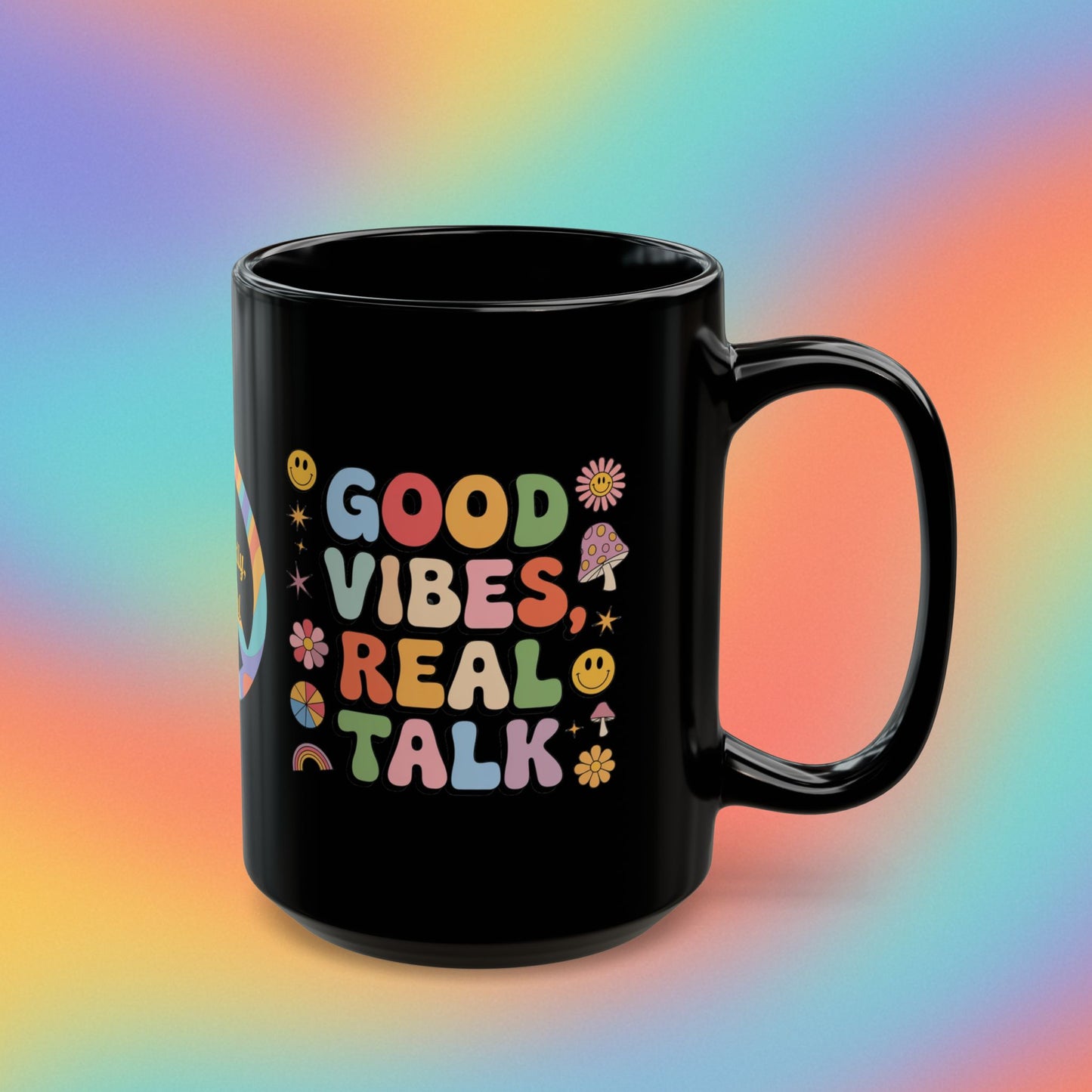 Good Vibes, Real Talk retro 70s coffee mug, positive affirmations self-care gift - MySisterIsASurvivor
