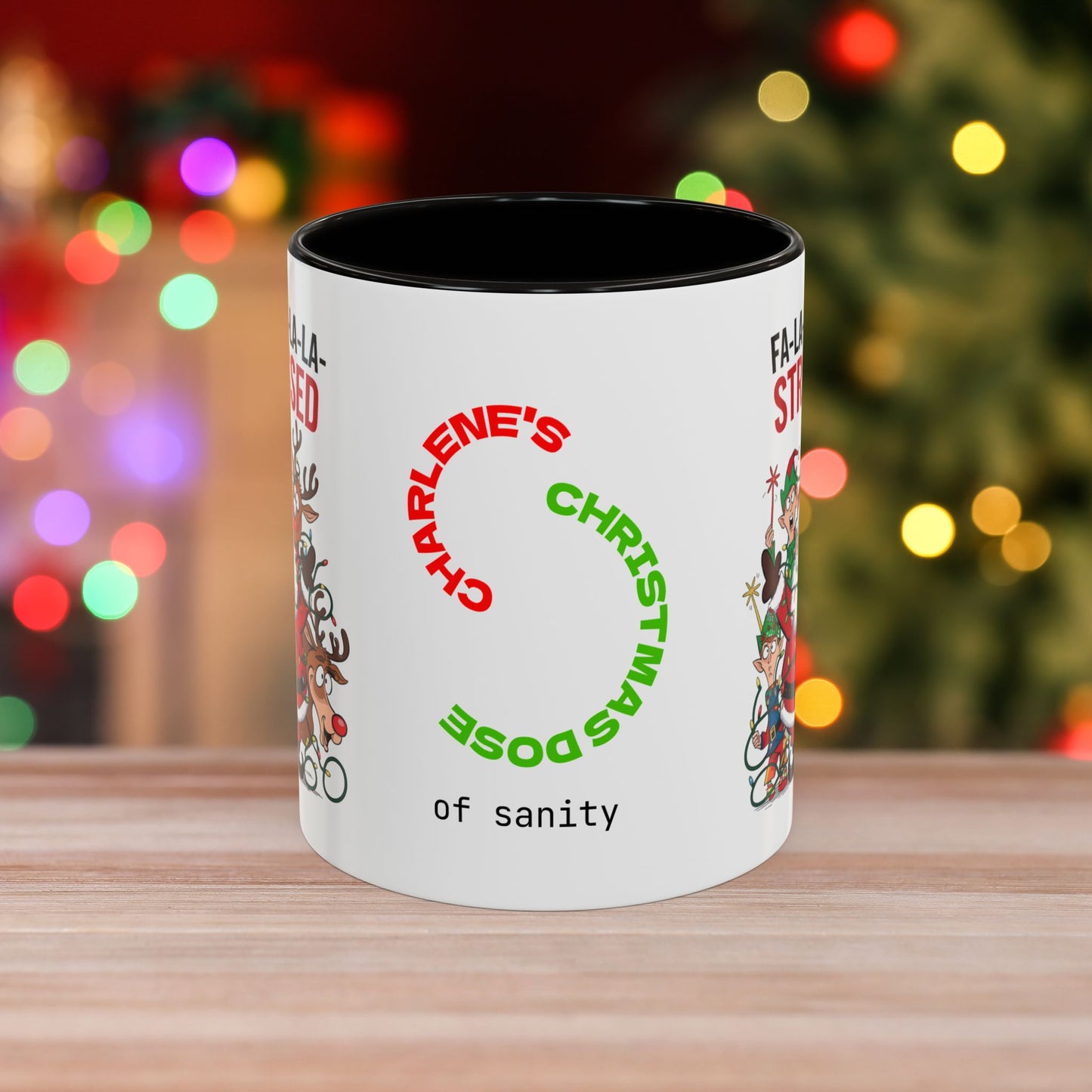 Fa-la-la-la-la Stressed – Humorous Christmas Mug with Colorful Design and Accent Color