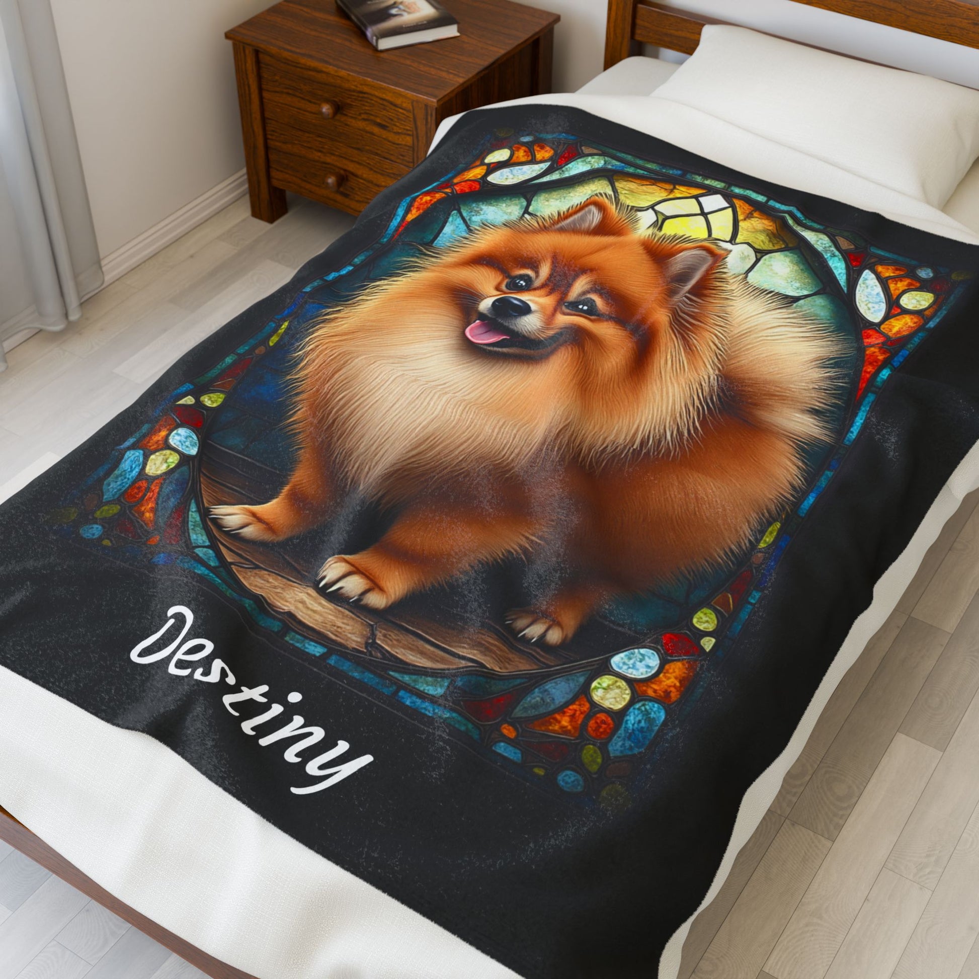 Pomeranian Red Sable Coat Blanket, Velveteen Plush Stained Glass Dog Throw, Personalized Gift for Humans