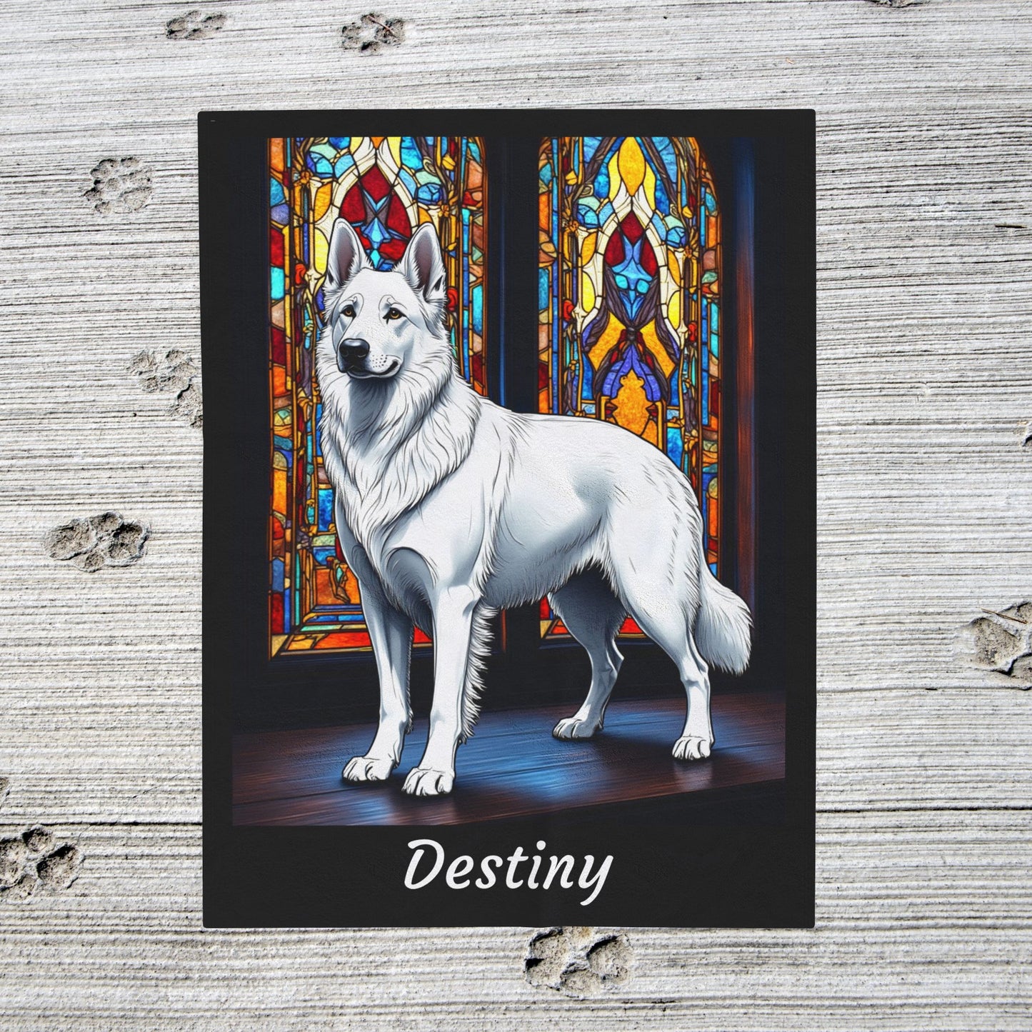 German Shepherd White Coat Velveteen Blanket, Stained Glass Dog Art Throw, Personalized Gift