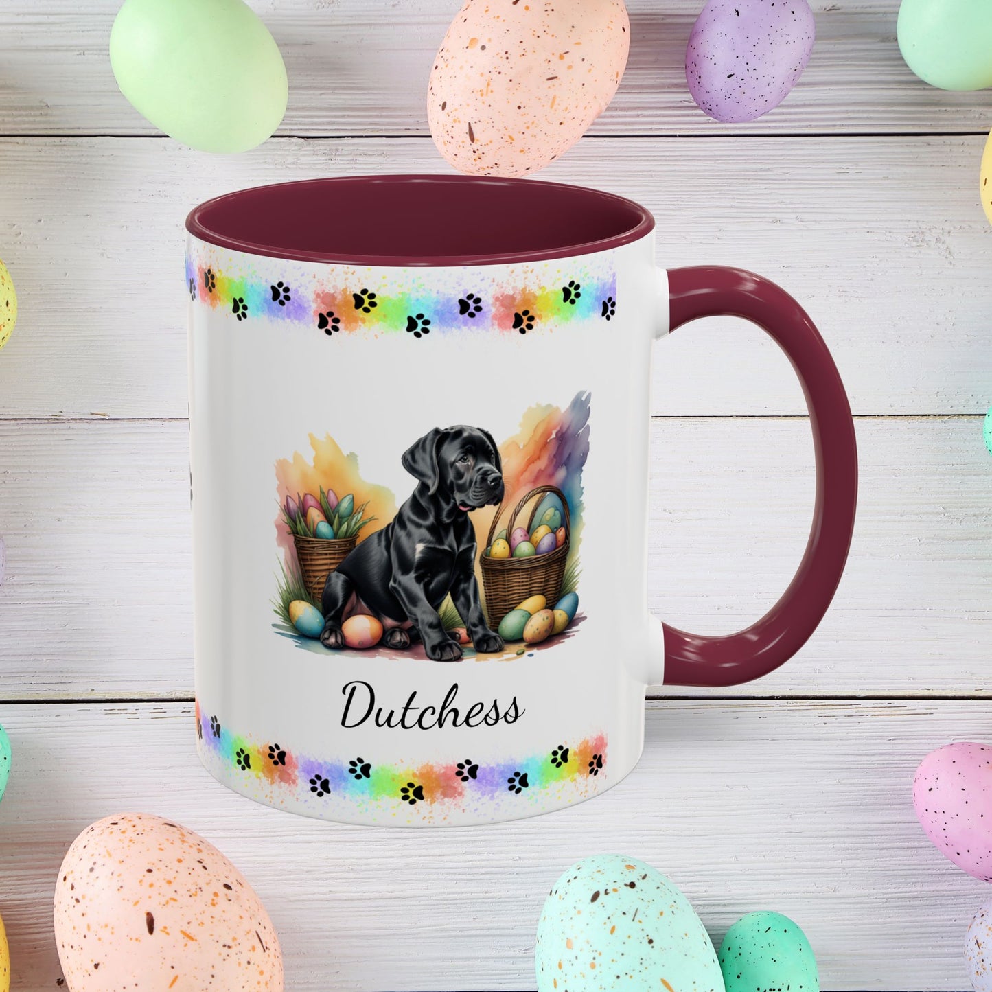 Great Dane Black Easter puppy coffee mug, personalized cute dog gift for mental health support and cozy sipping