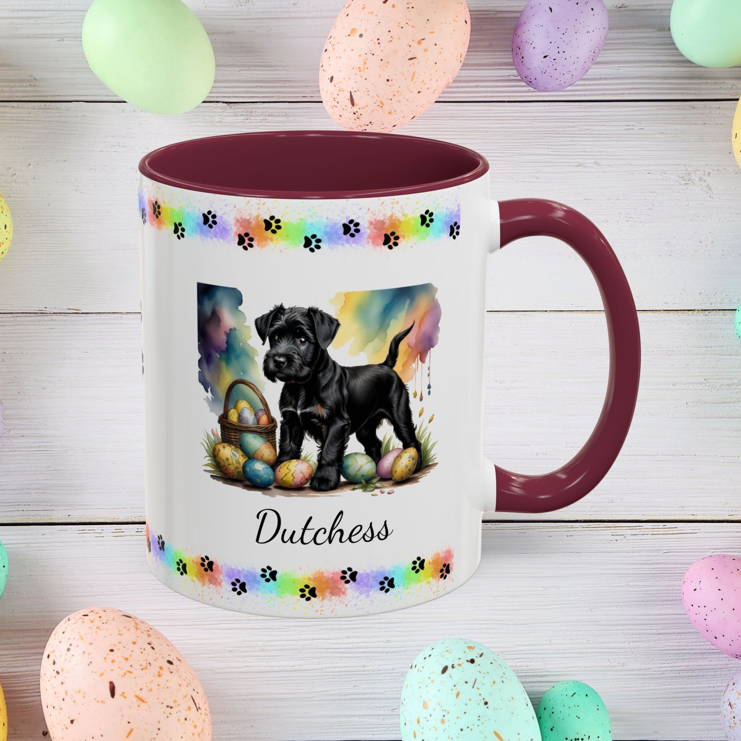 Black Schnauzer Easter puppy coffee mug personalized dog lover gift, promoting peace, positivity, and emotional wellness.