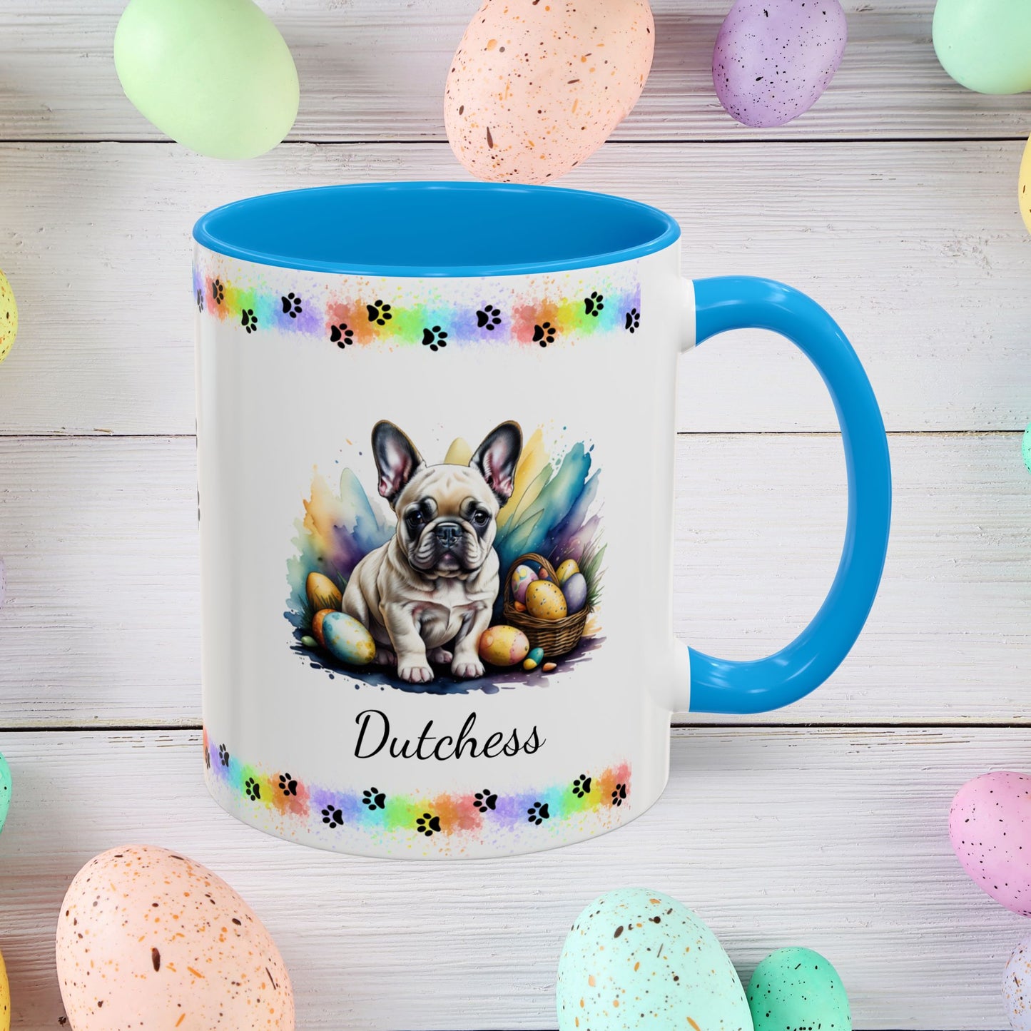 French Bulldog Cream Easter puppy coffee mug, personalized cute dog coffee cup gift for mental health awareness
