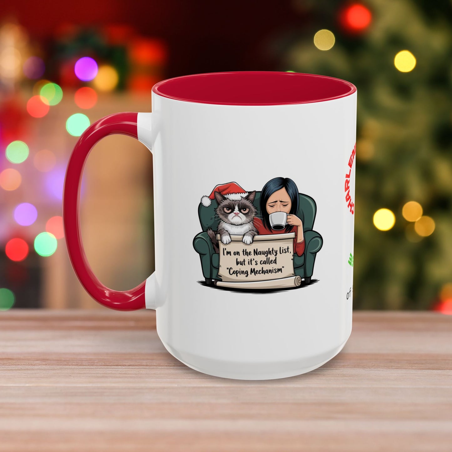 I'm On The Naughty List, But It's Called 'Coping Mechanism' - Christmas Mug with Female and Cat Design and Accent Color
