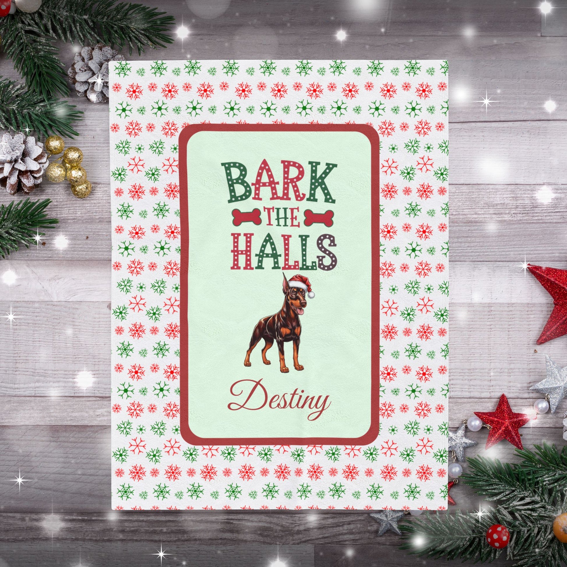 Doberman Pinscher Red and Rust luxury velveteen dog lover throw Bark The Halls festive holiday blanket for Doberman owners