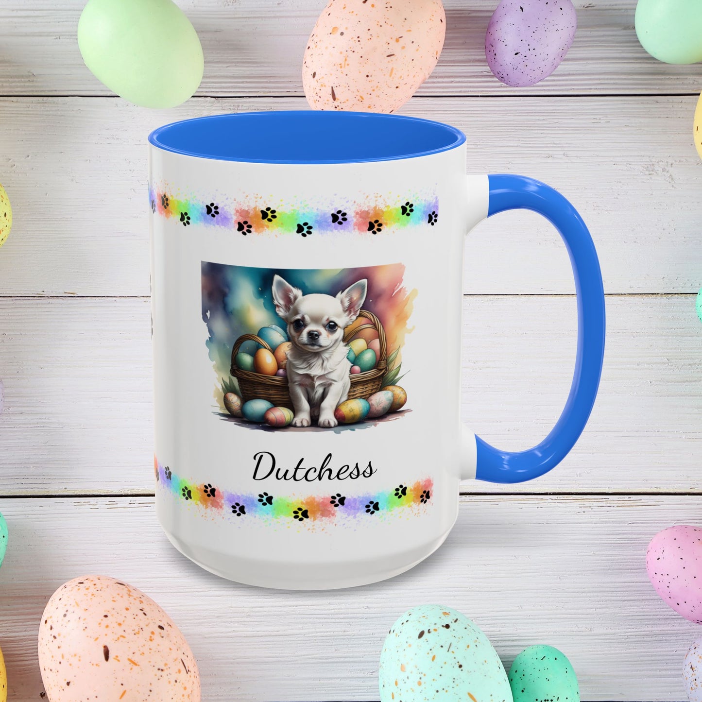 Chihuahua White personalized Easter puppy mug, cute dog coffee cup, mental health awareness gift for dog lovers
