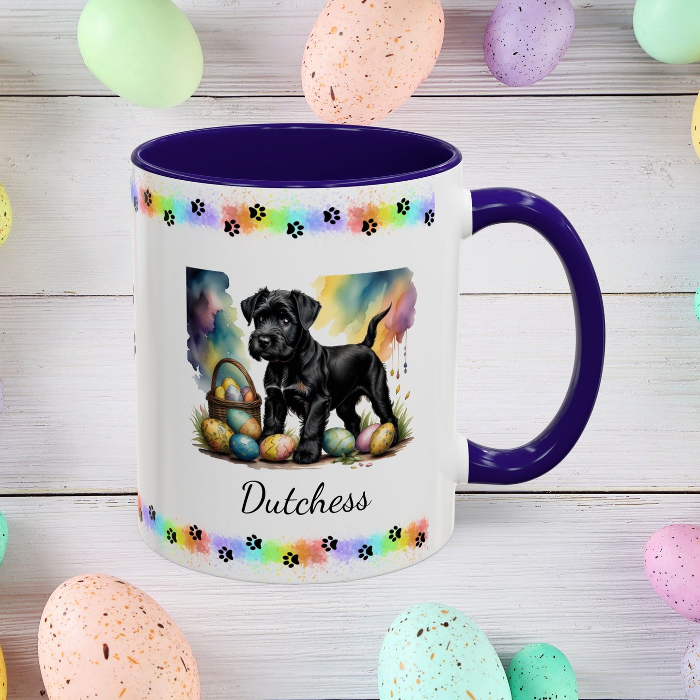 Black Schnauzer Easter puppy coffee mug personalized dog lover gift, promoting peace, positivity, and emotional wellness.
