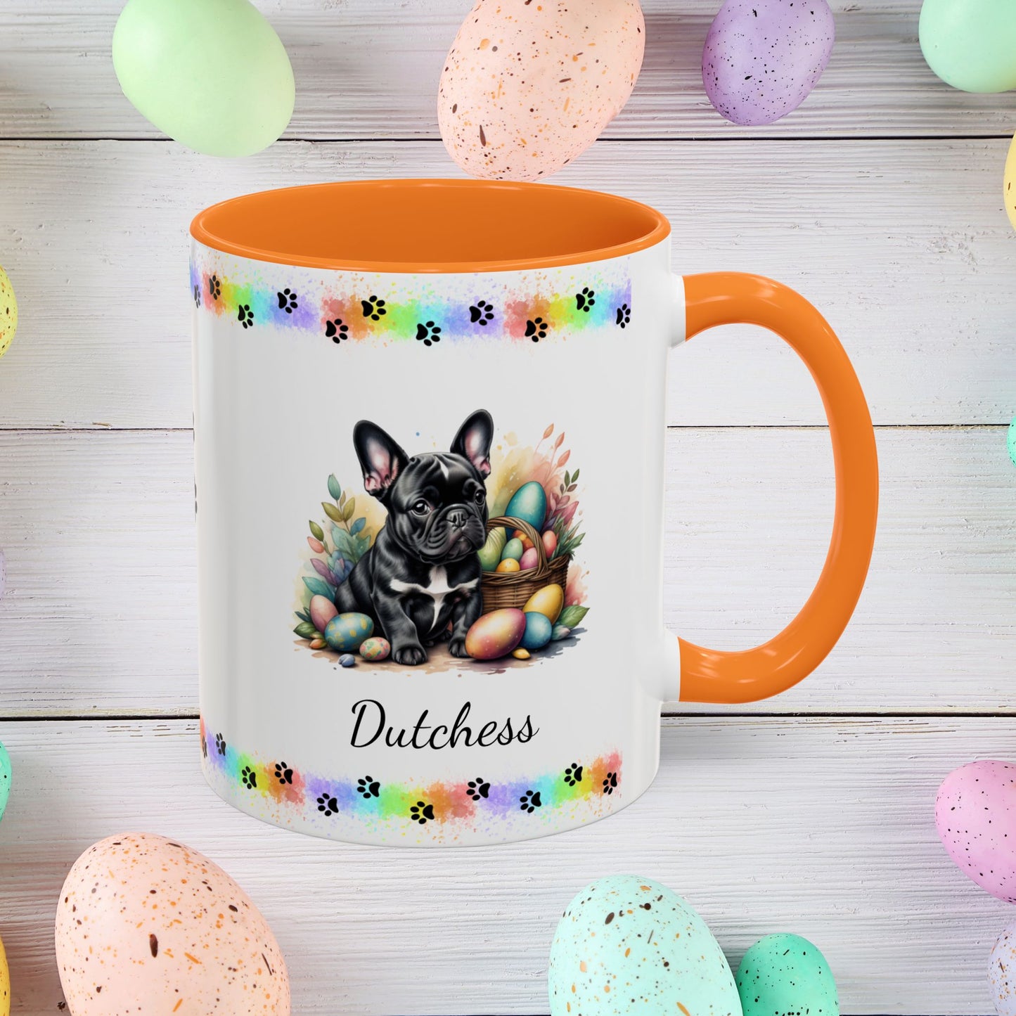 French Bulldog Black Easter puppy coffee mug, personalized cute dog gift for mental health awareness and cozy sipping