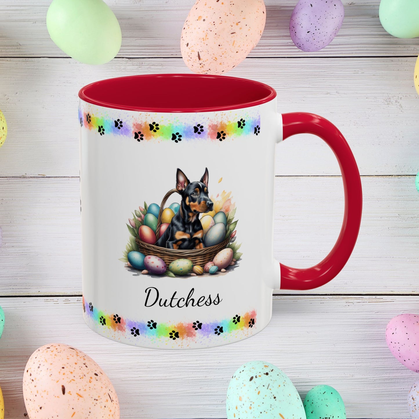 Doberman personalized Easter puppy mug, cute dog coffee cup gift for mental health awareness and comfort