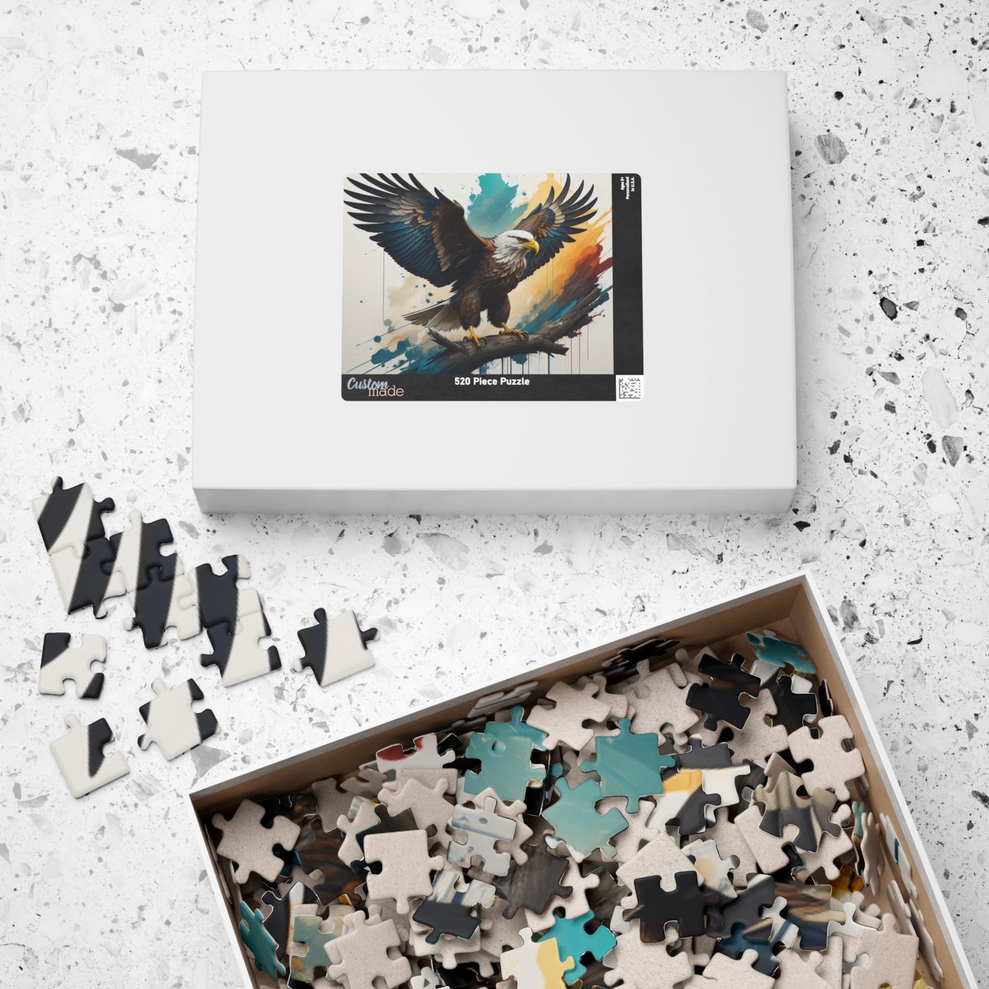Inspirational Eagle Flight - Full-Body Bald Eagle Puzzle with Wings Spread on Watercolor Splash Background