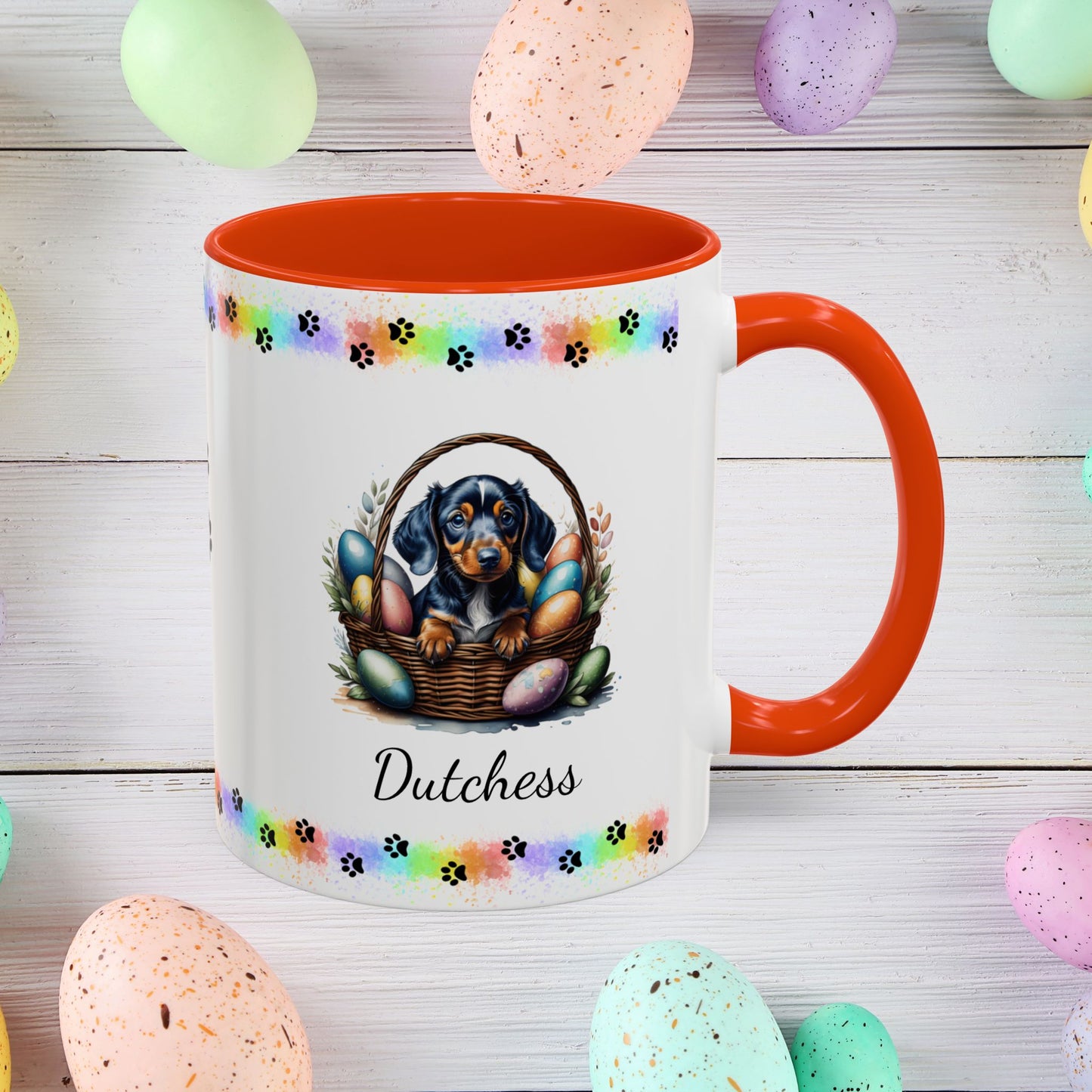 Dachshund personalized Easter puppy mug, cute dog coffee cup gift for mental health awareness and dog lovers