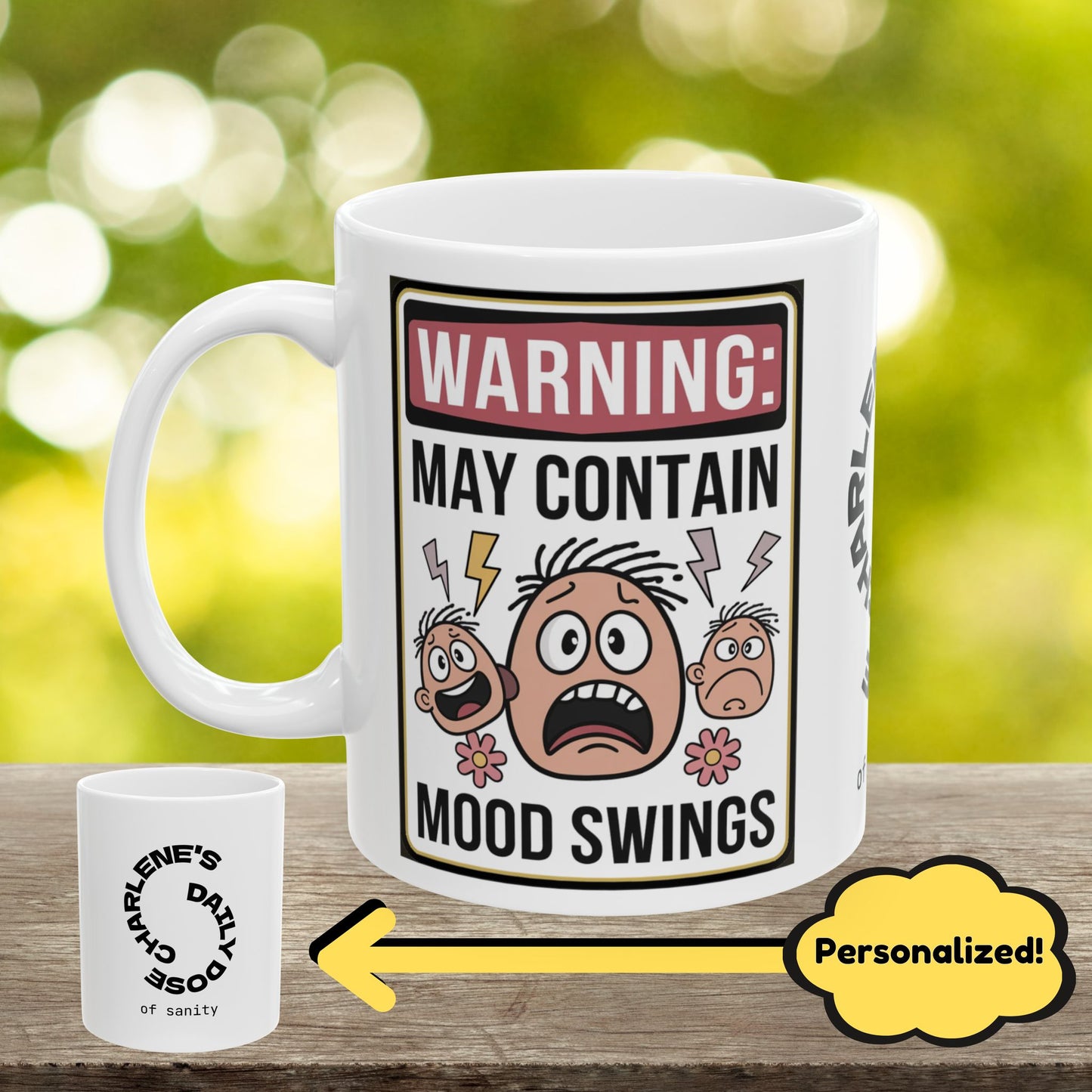 "Warning: May Contain Mood Swings" indoor/outdoor pillow, mental health support cushion for anxiety relief and self-care.