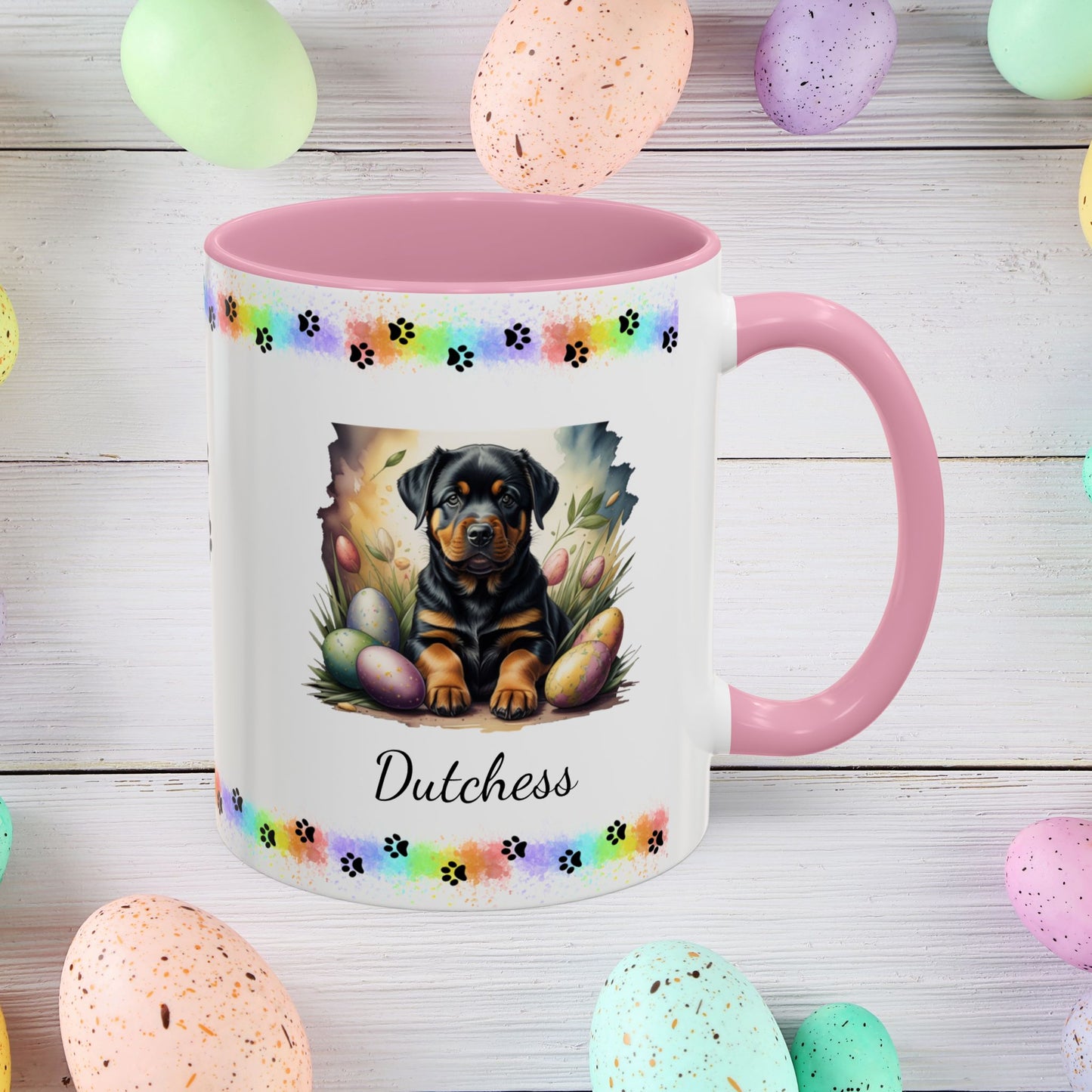 Rottweiler Easter puppy coffee mug personalized dog design, thoughtful gift for self-care and mental health awareness.
