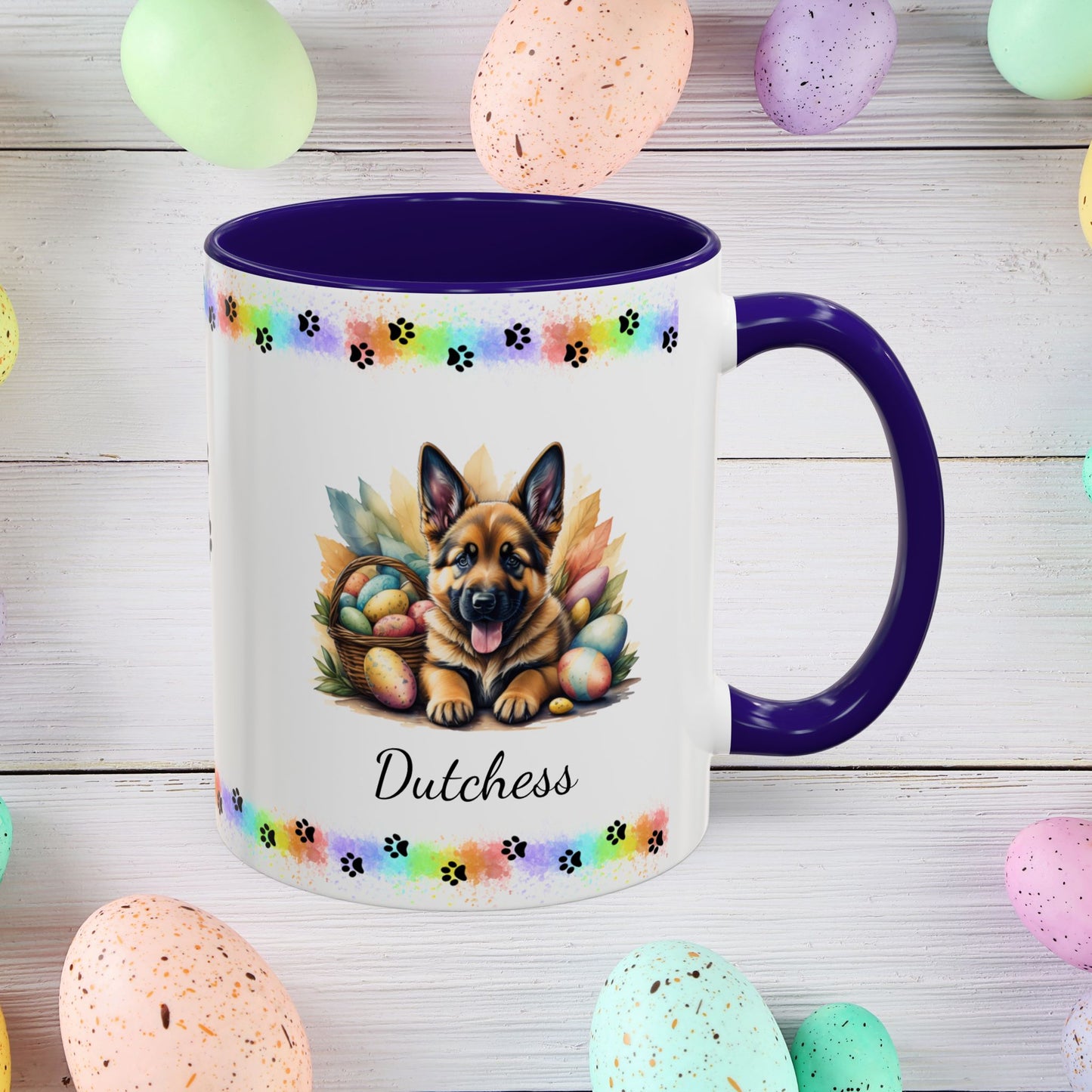 German Shepherd Saddle Easter puppy coffee mug, personalized cute dog coffee cup gift for mental health support