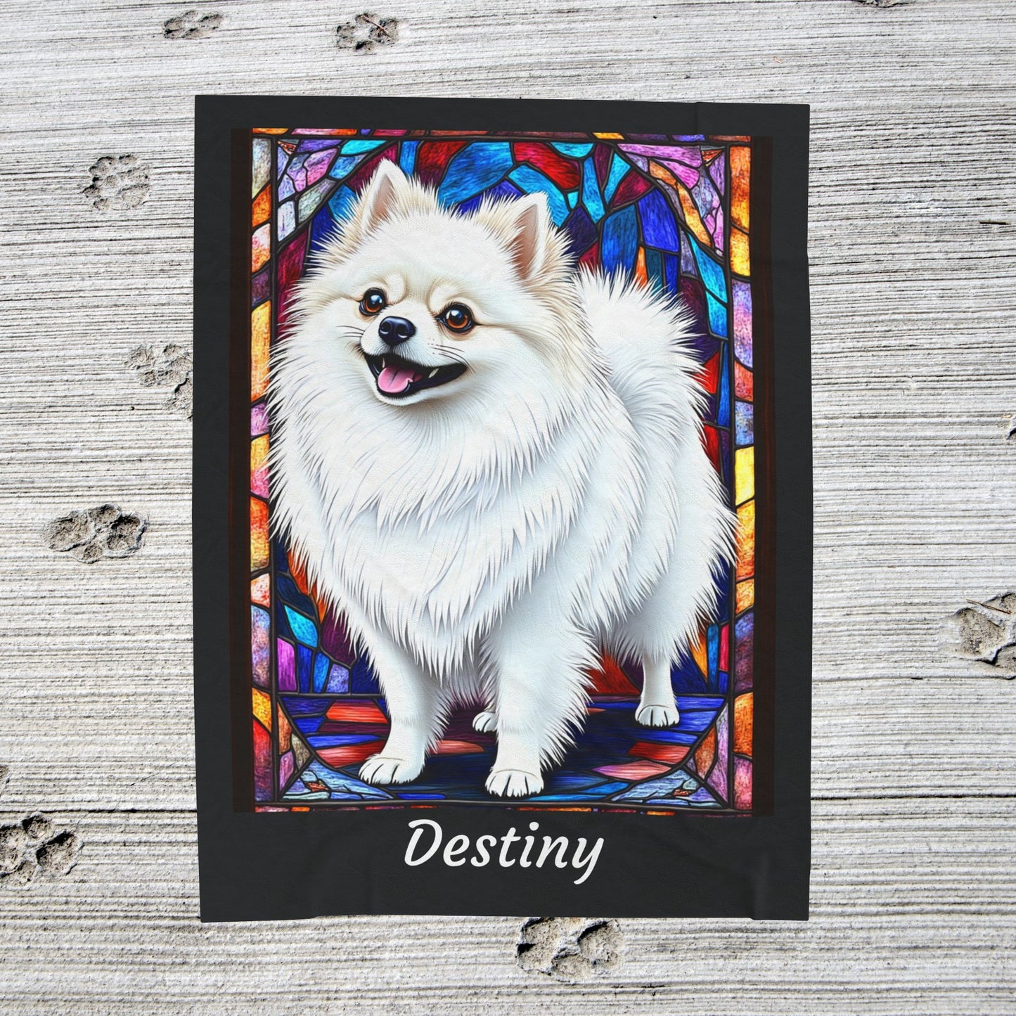 Pomeranian White Coat Blanket, Velveteen Plush Stained Glass Dog Throw, Custom Pet Lover Gift