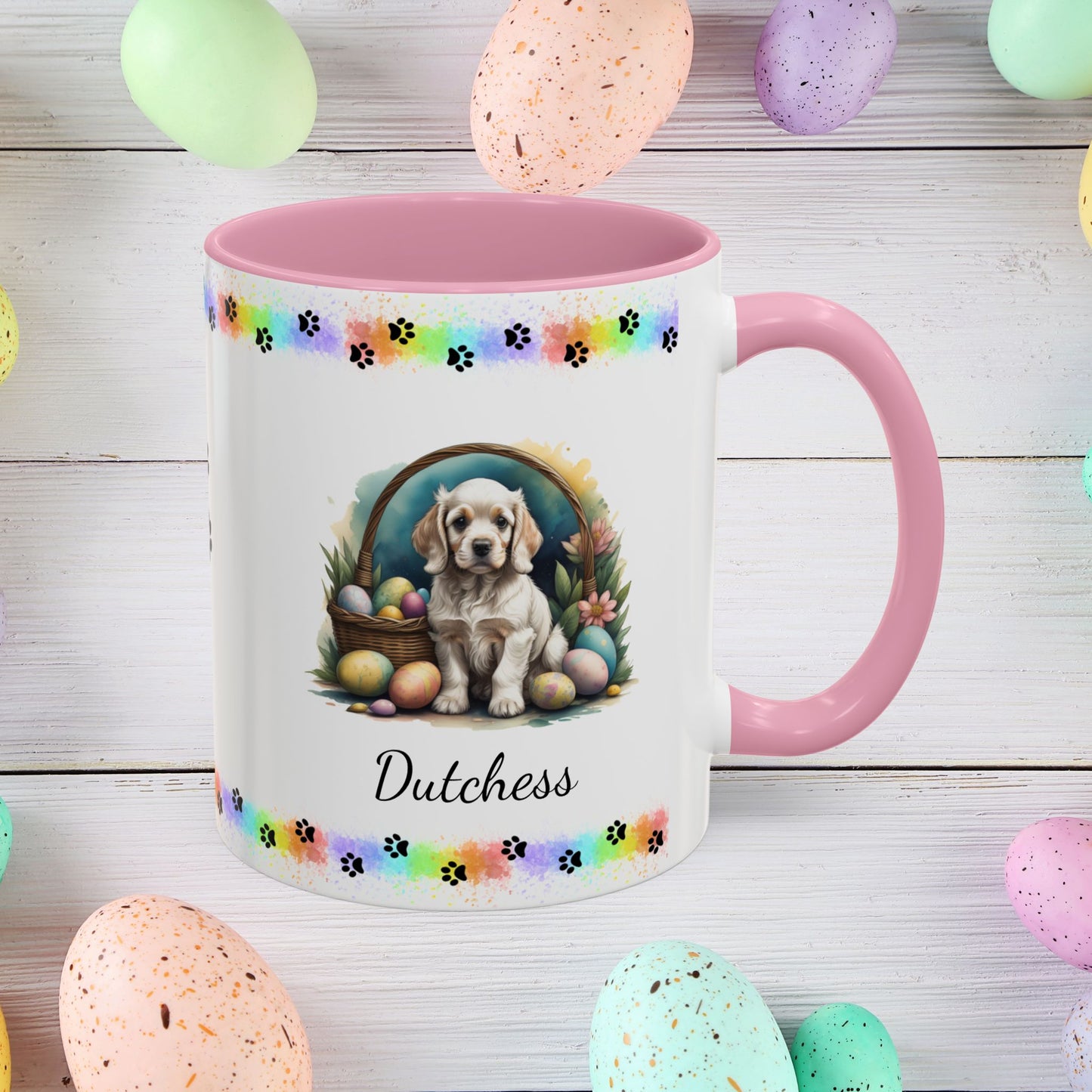 Cocker Spaniel Light Gold personalized Easter puppy mug, cute dog coffee cup gift for mental health awareness