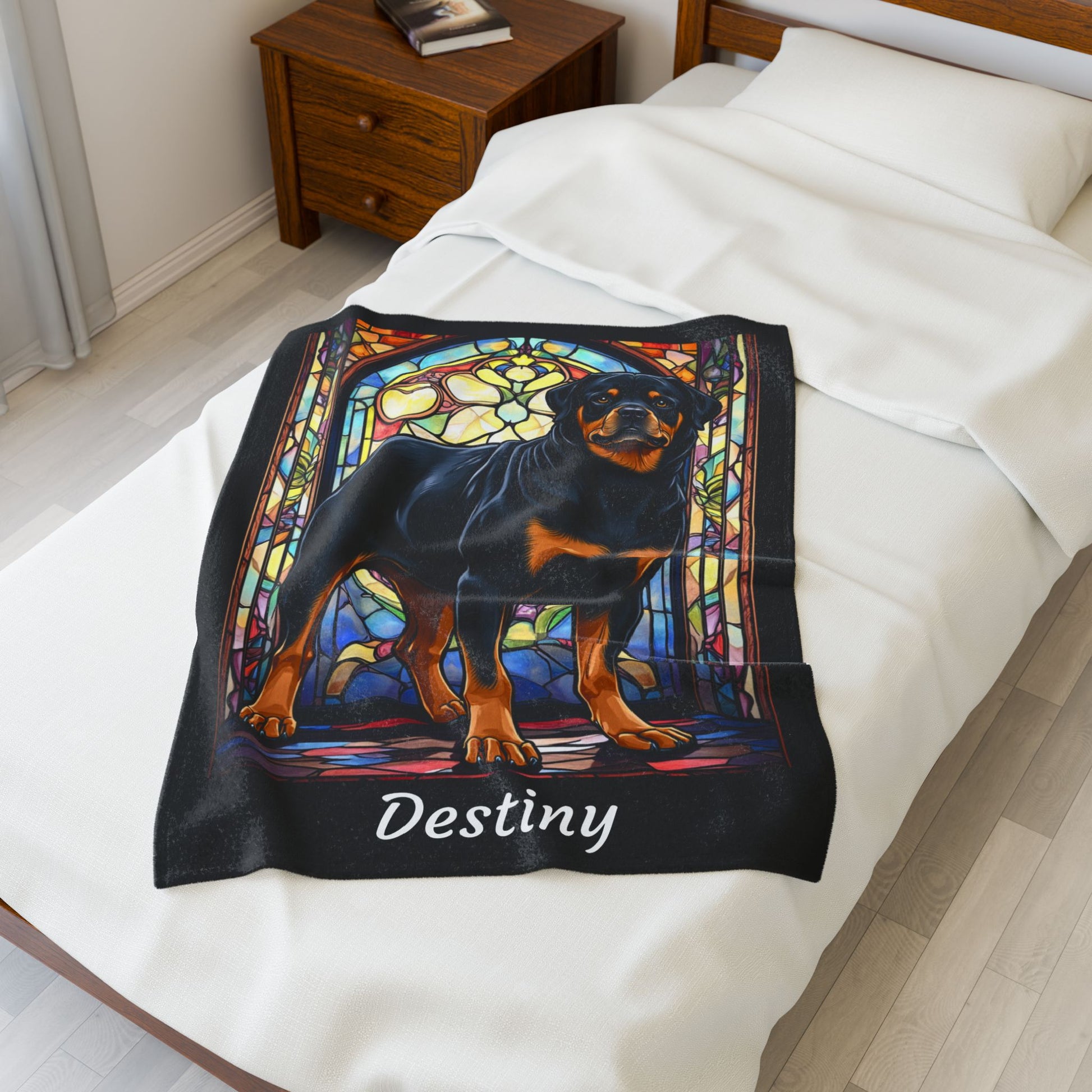 Rottweiler Black & Tan Coat Blanket, Velveteen Plush Stained Glass Dog Throw, Unique Gift for Humans