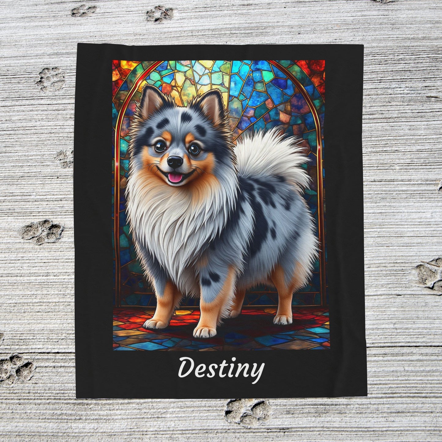 Pomeranian Blue Merle Coat Blanket, Velveteen Plush Stained Glass Dog Throw, Unique Pet Lover Gift