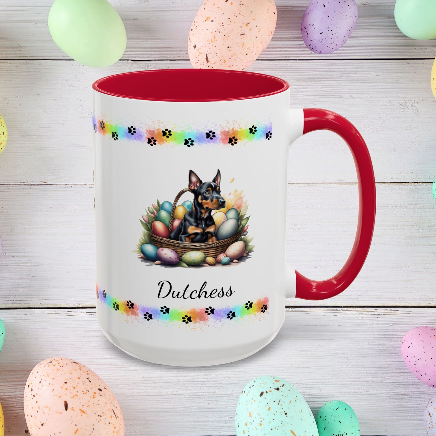 Doberman personalized Easter puppy mug, cute dog coffee cup gift for mental health awareness and comfort