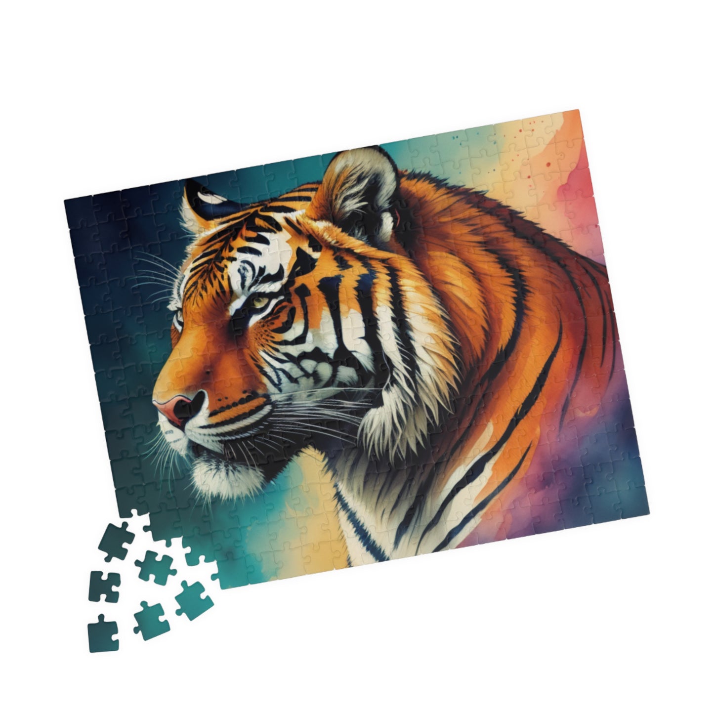 Tiger lying down peacefully, showing detailed striped fur, featured in a tranquil and artistic puzzle