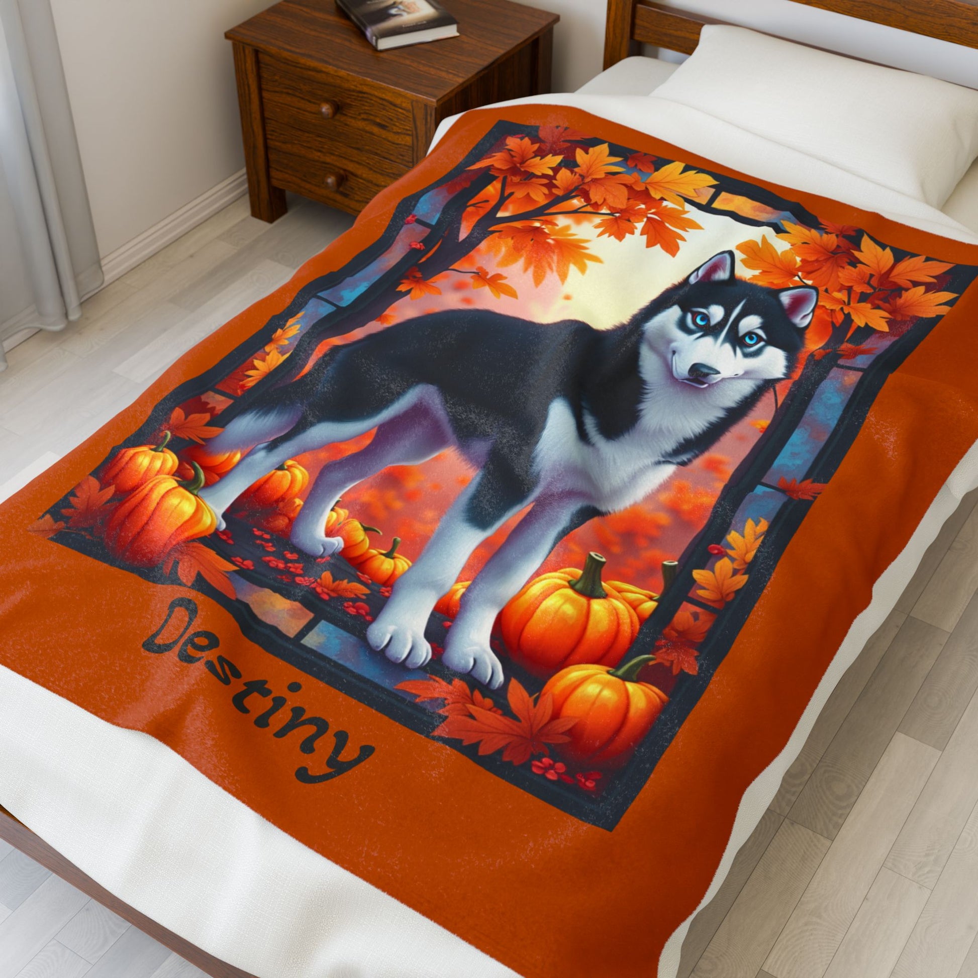 Siberian Husky Black & White Coat (Blue Eyes) Velveteen Blanket, Personalized Plush Dog Throw