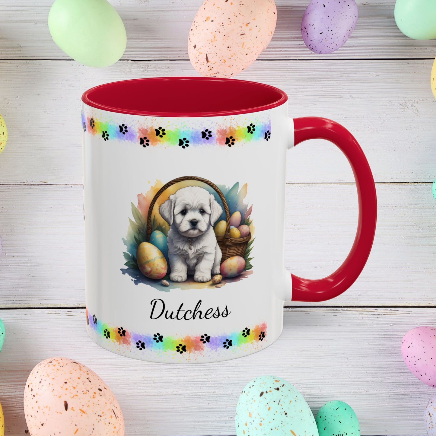 Bichon Frise personalized Easter puppy mug, cute dog coffee cup gift for mental health awareness and comfort