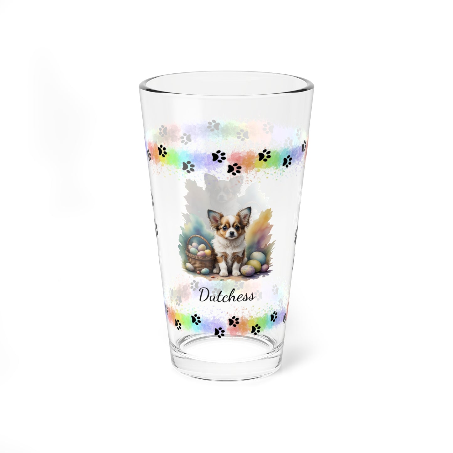 Papillon (White & Brown) Personalized Easter Puppy 16oz Pint Glass - Custom Dog Design, Mental Health Gift, Easter Décor, and Festive Celebrations
