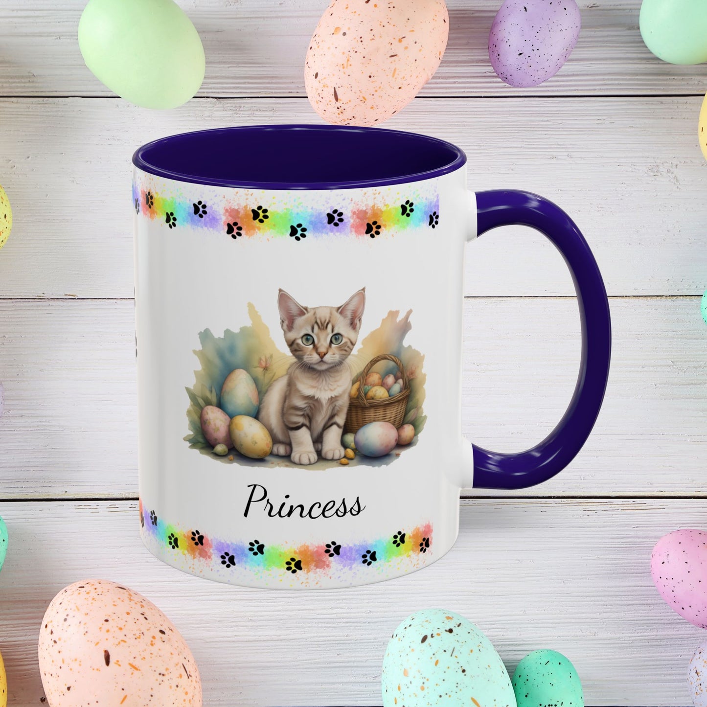 Devon Rex personalized Easter coffee mug, cute kitten design, mental health awareness gift for cat lovers