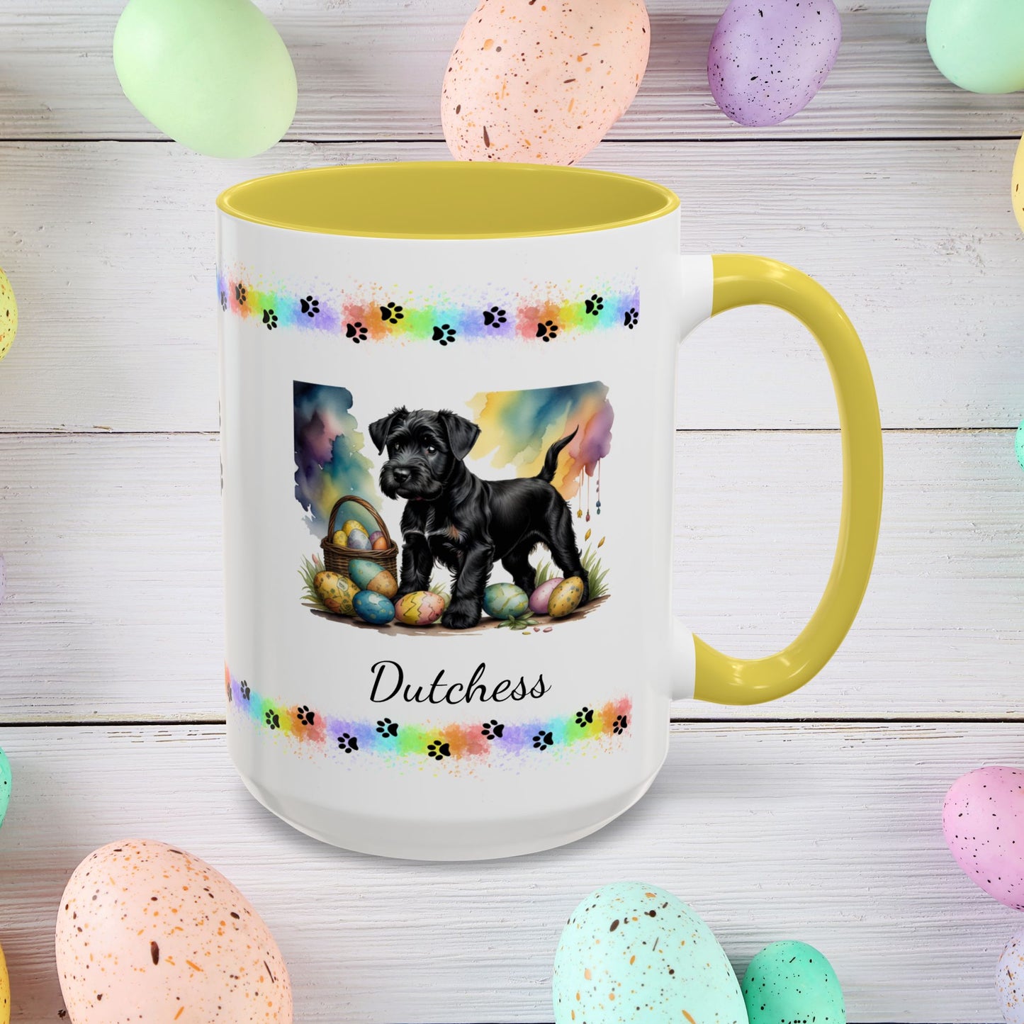 Black Schnauzer Easter puppy coffee mug personalized dog lover gift, promoting peace, positivity, and emotional wellness.
