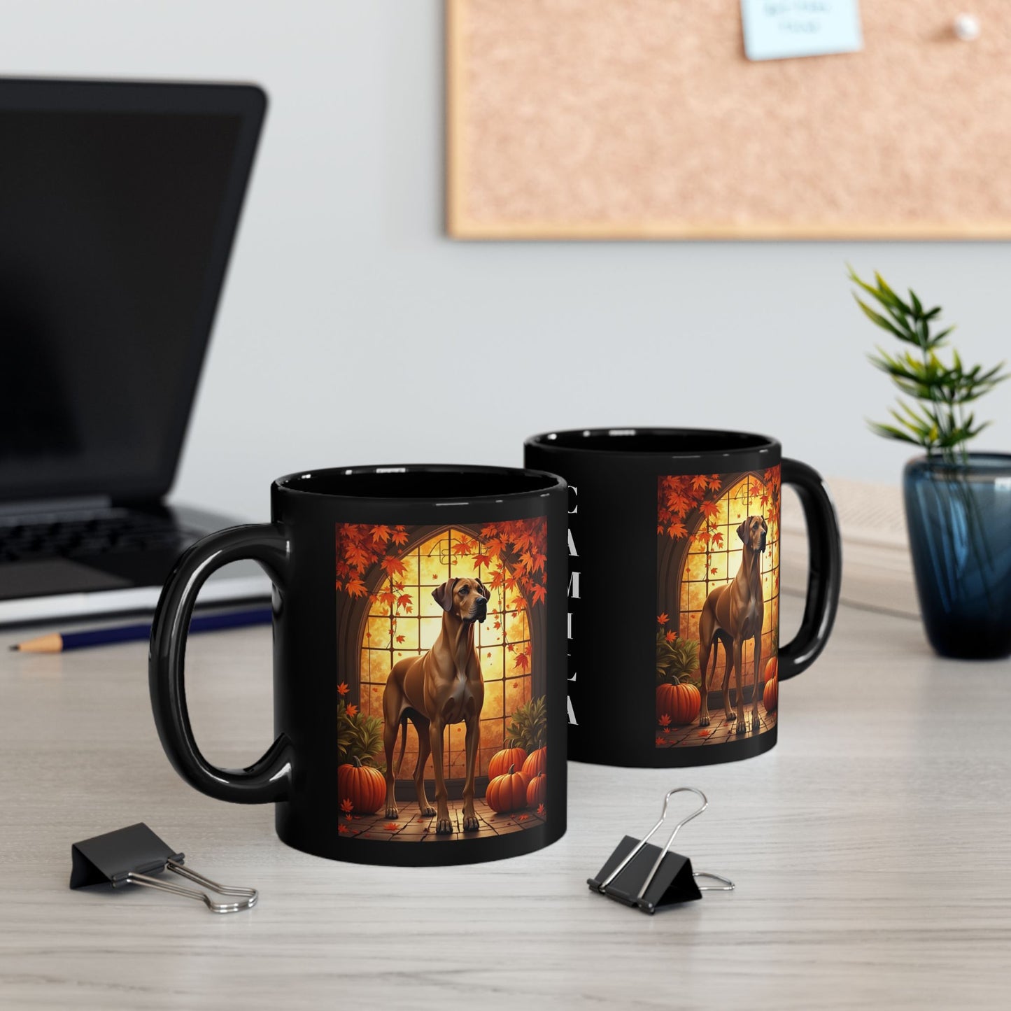 Fawn Great Dane coffee mug with pumpkins and leaves, personalized fall coffee cup for dog lovers