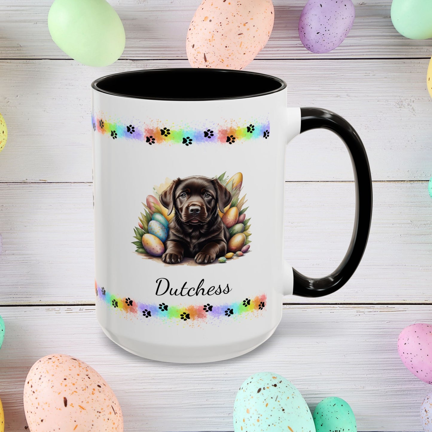 Chocolate Labrador Easter puppy coffee mug, personalized cute dog gift for mental health support and cozy sipping