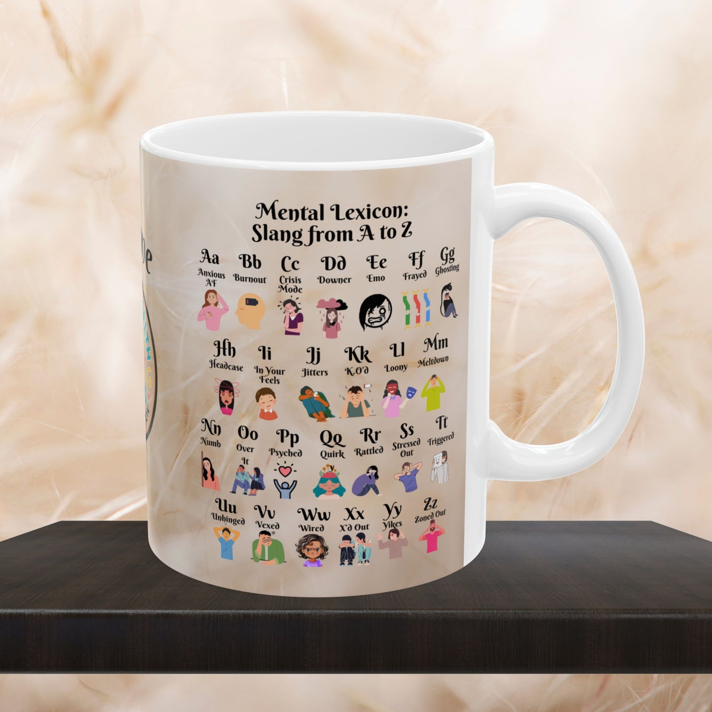 Mental Lexicon Mug with A-Z therapy slang, customizable for personal or professional mental health awareness use.