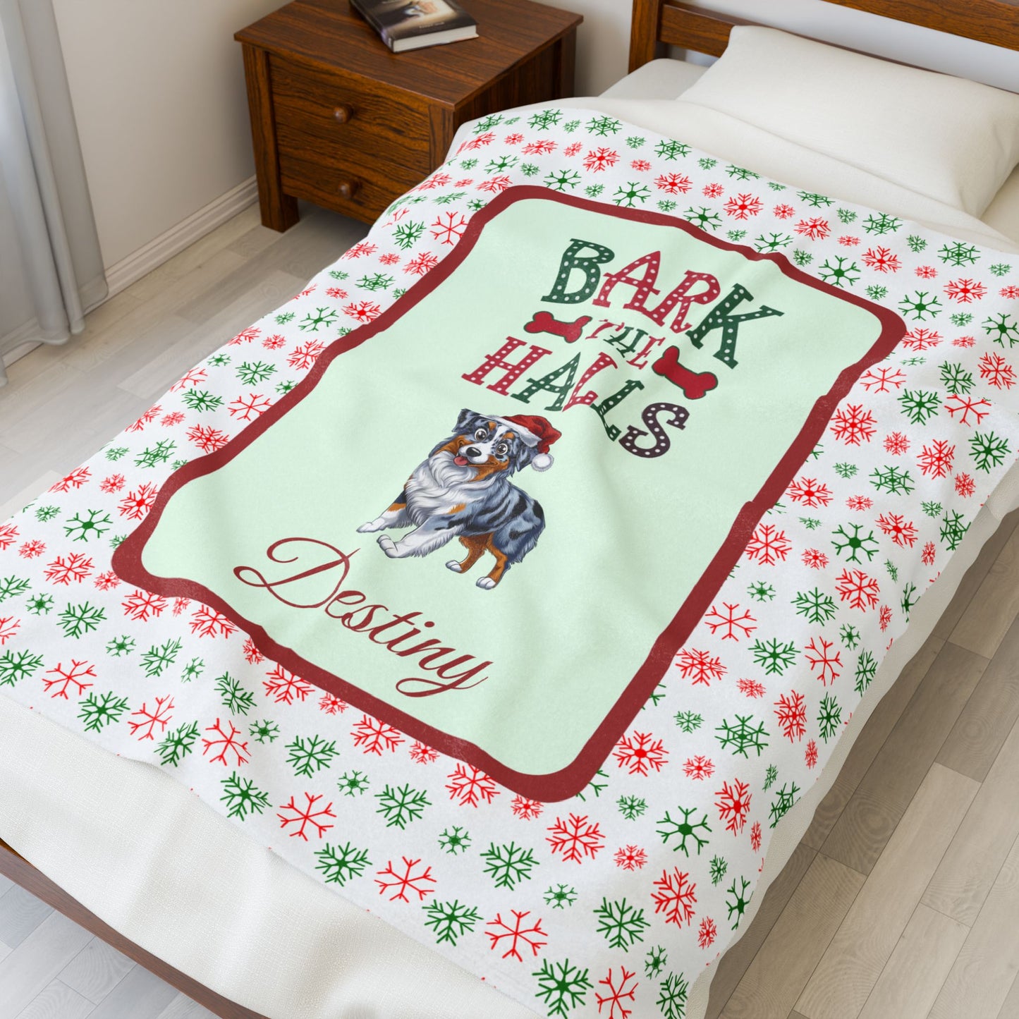 Australian Shepherd (Blue Merle) Personalized Velveteen Plush Blanket - "Bark The Halls" | Cozy Holiday Gift for Dog Lovers