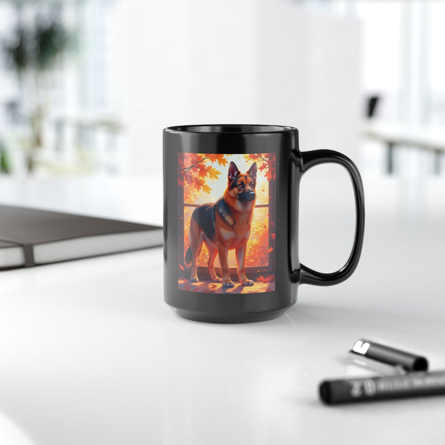 Black & Red German Shepherd Autumn Custom Mug - Personalized Fall Dog Coffee Cup for Home or Office