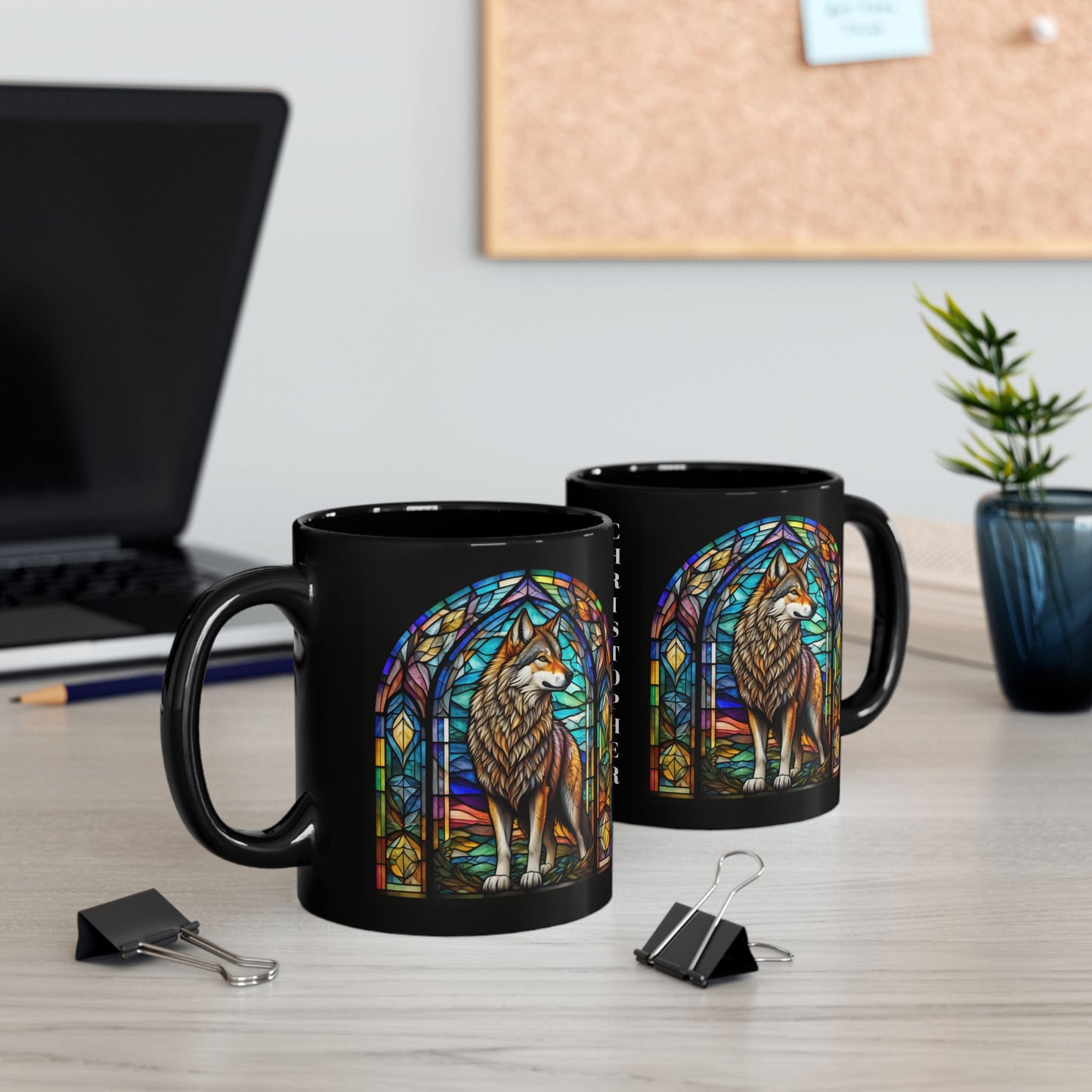 Wolf personalized stained glass mug for coffee, tea, or hot chocolate, unique gift.