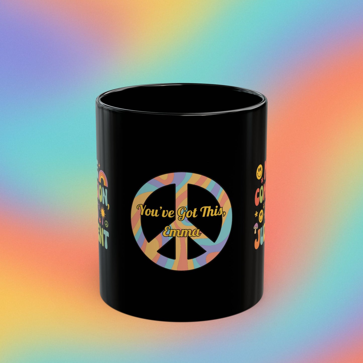 More Compassion, Less Judgment custom 70s mug, retro self-care & affirmations gift - MySisterIsASurvivor